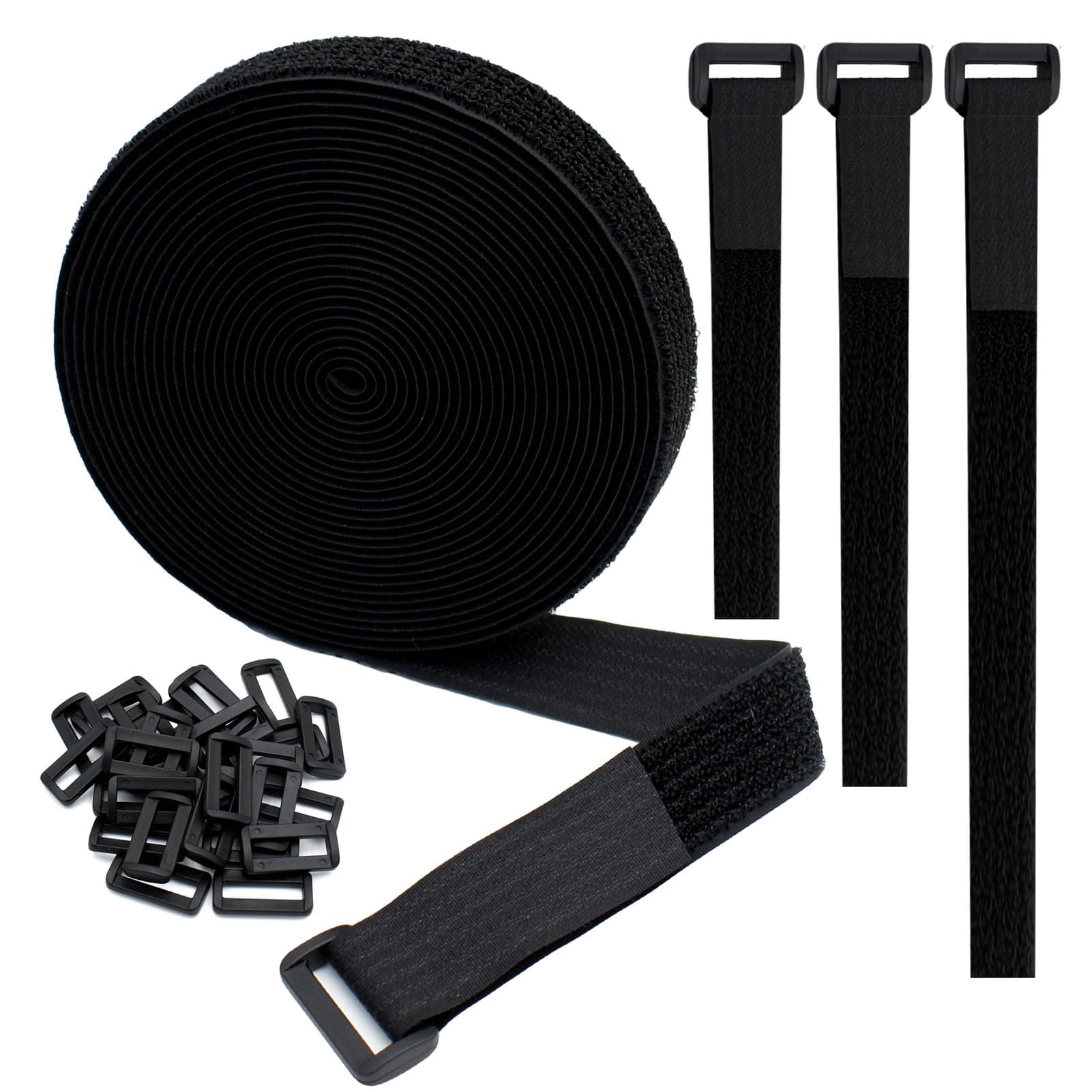 - 1"x20FT Hook and Loop Straps, with 30 Plastic Buckles, Adjustable Fastening Cable Straps, Cut-to-Length Cinch Strap, Reusable Nylon Securing Cord Ties for Organizer or Storage - Black