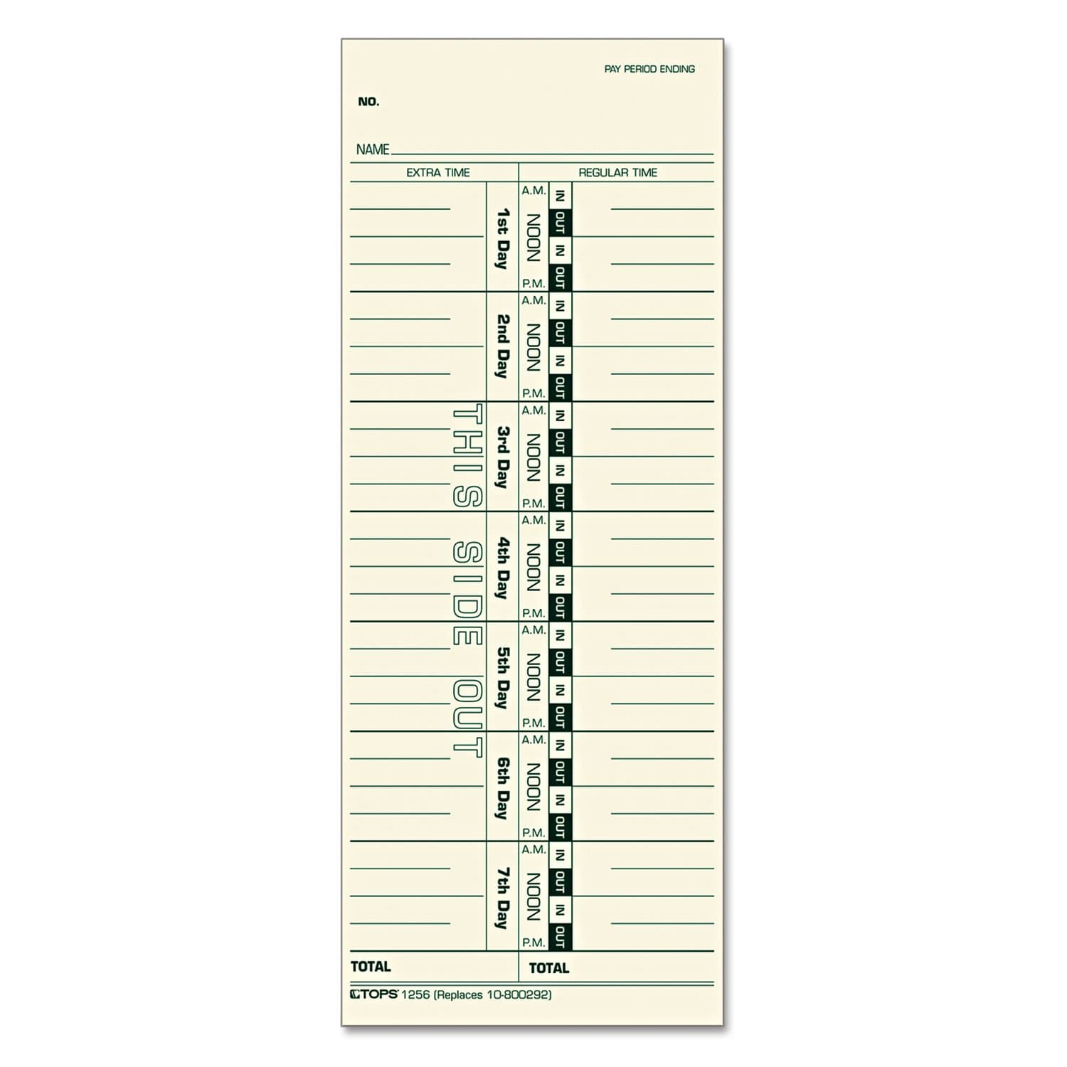 TOPS Time Cards, Weekly, 1-Sided, Numbered Days, 3-1/2" x 9", Manila, Green Print, 500-Count (1256)