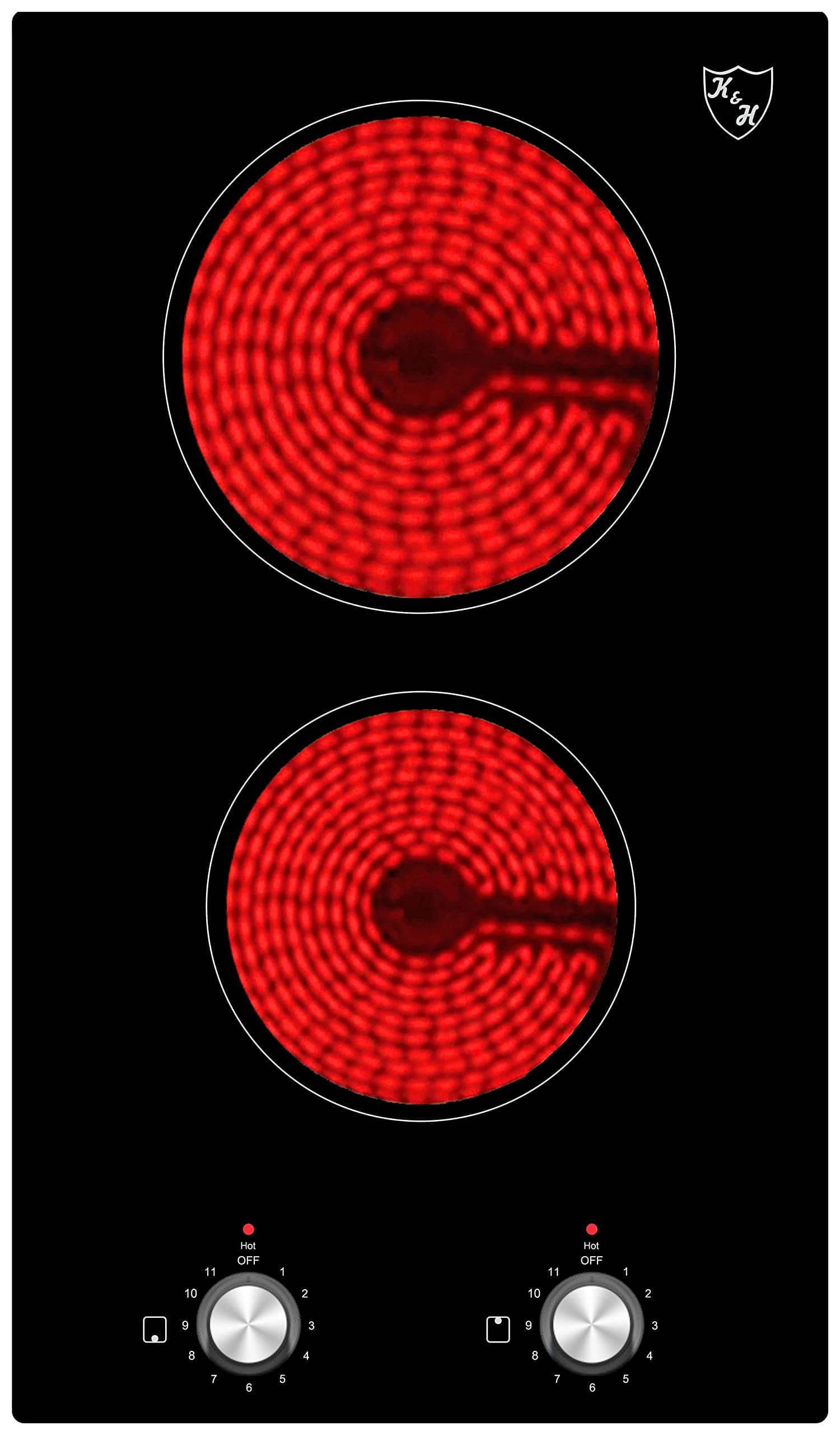 K&H 2 Burner Dual 12 Inch Built-in Electric Stove Top Radiant Ceramic Cooktop Knob Control 240V 3000W KCN-3002K