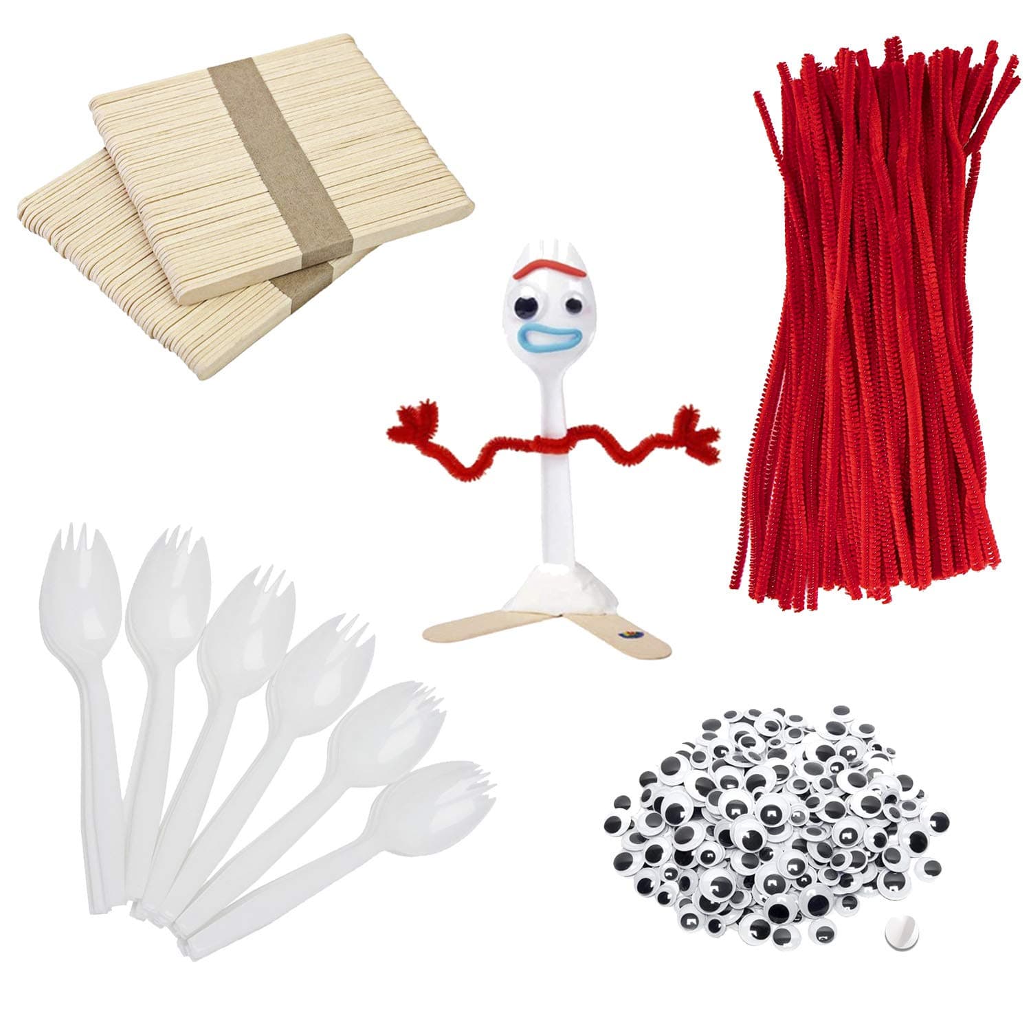 KAISHANE Fork Creativity Set, 100 Sets Forky DIY Creative Crafts Pack Plastic Sporks Red Pipe Cleaners Googly Eyes Popsicle Stick