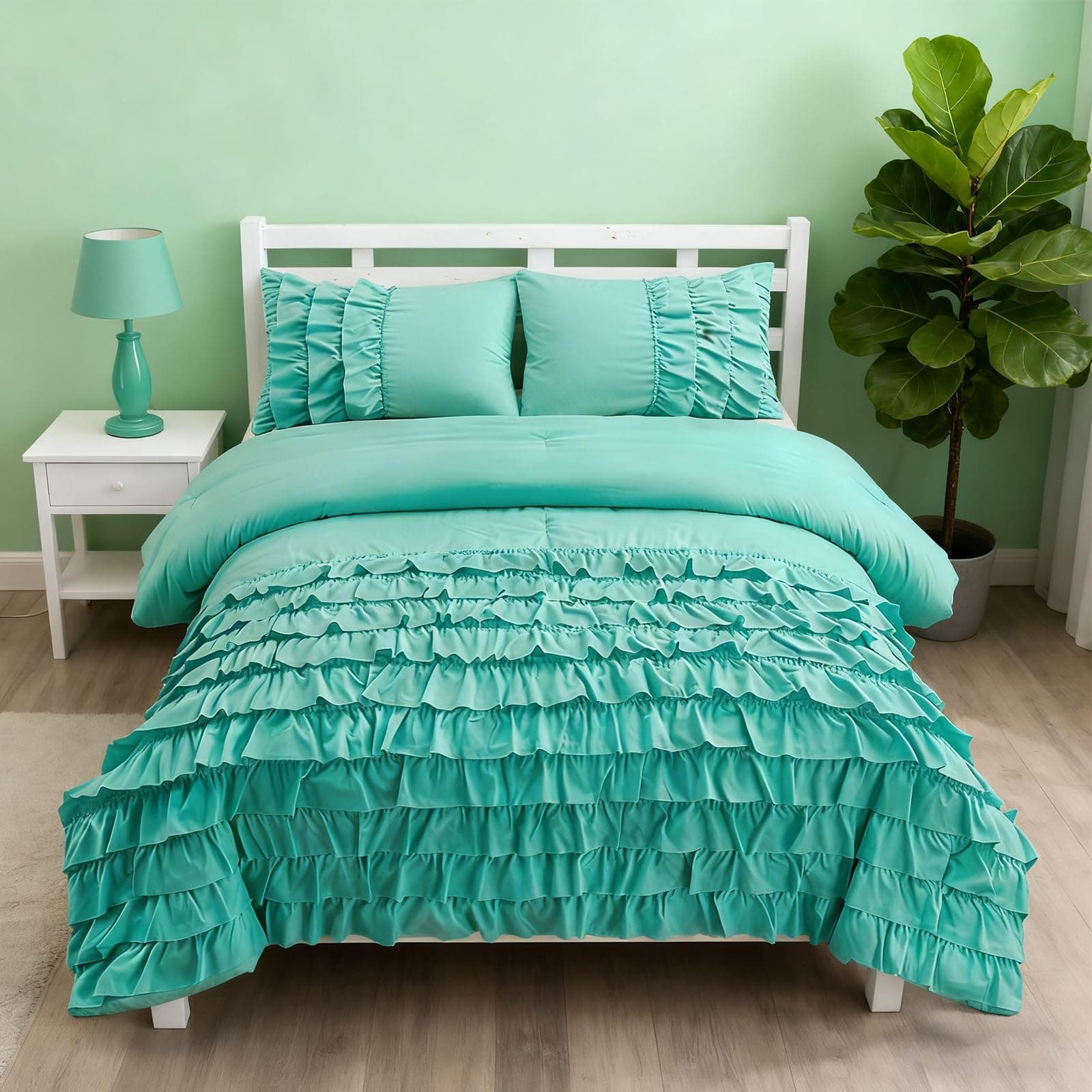 Holawakaka Aqua Waterfall Ruffle Comforter Set Full Size Multi-Layers Ruffled Shabby Chic 3PCS Bedding Set for Girls Women, Kids Teens Ruched Dorm Bed Set