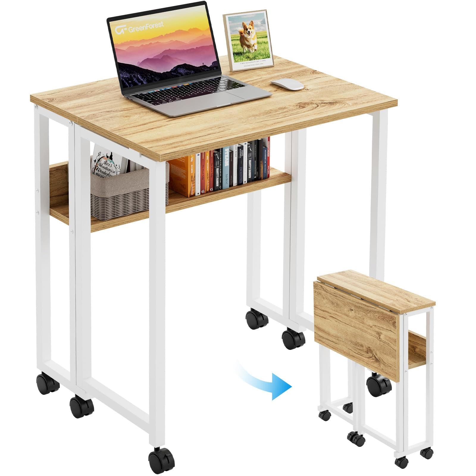 GreenForest Small Folding Desk with Storage Shelf,63 cm Computer Rolling Desk on Wheels Easy Assembly,Modern Foldable desk for Small Space,Oak
