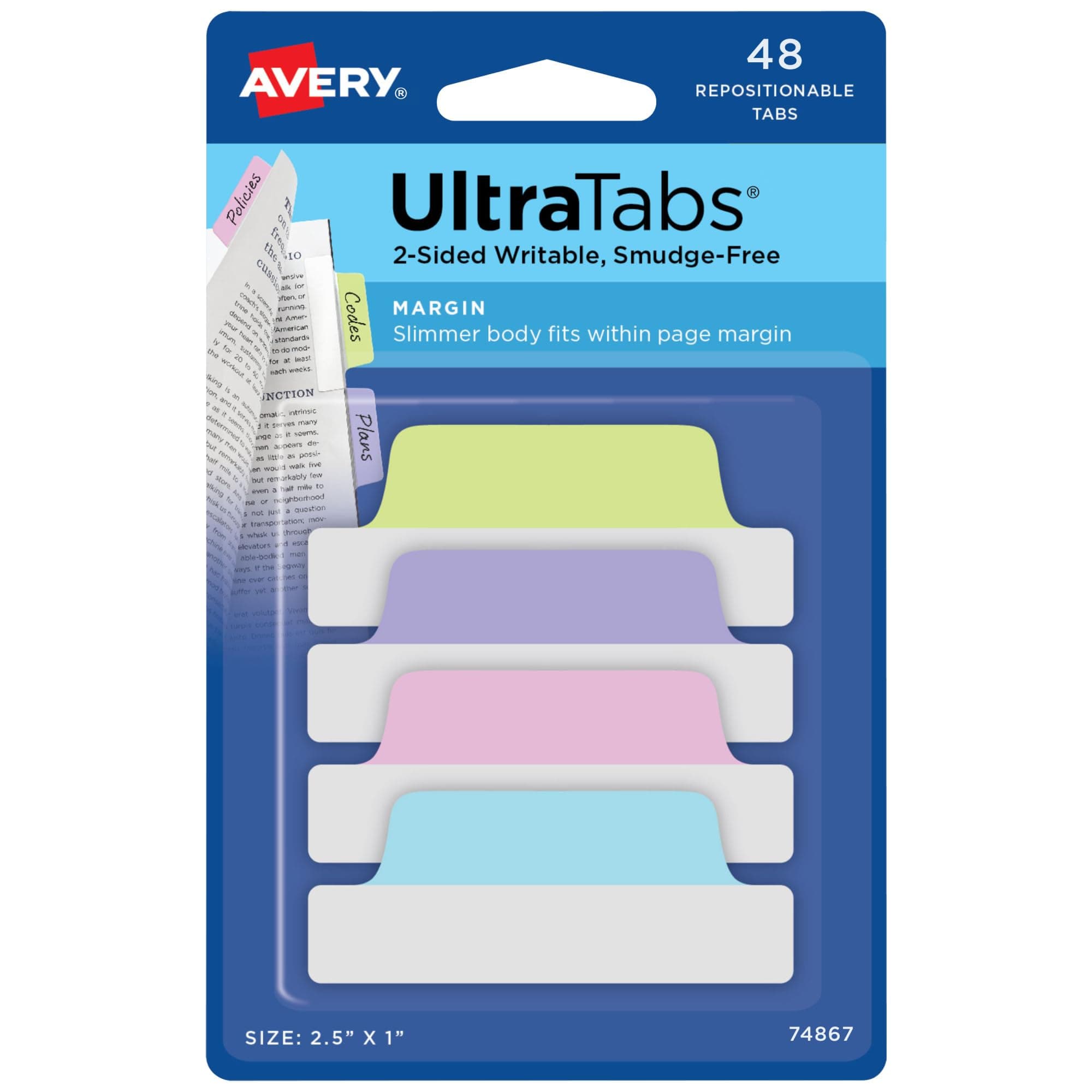 Avery Margin Ultra Tabs, 2.5" x 1", 2-Side Writable, Assorted Pastel Colors, 48 Repositionable Tabs (74867)