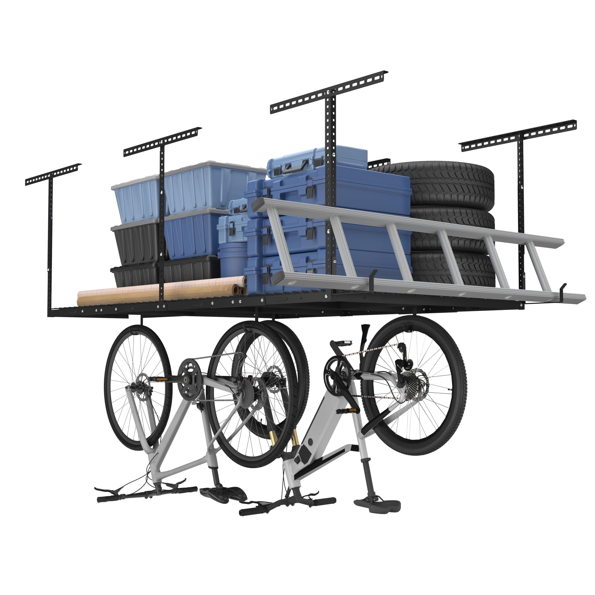 4x8 Overhead Garage Storage Rack w/Hooks Adjustable Ceiling Storage Rack, 96" Length x 48" Width x 40" Height, 22''-40" Ceiling Dropdown, Black, Classic Series