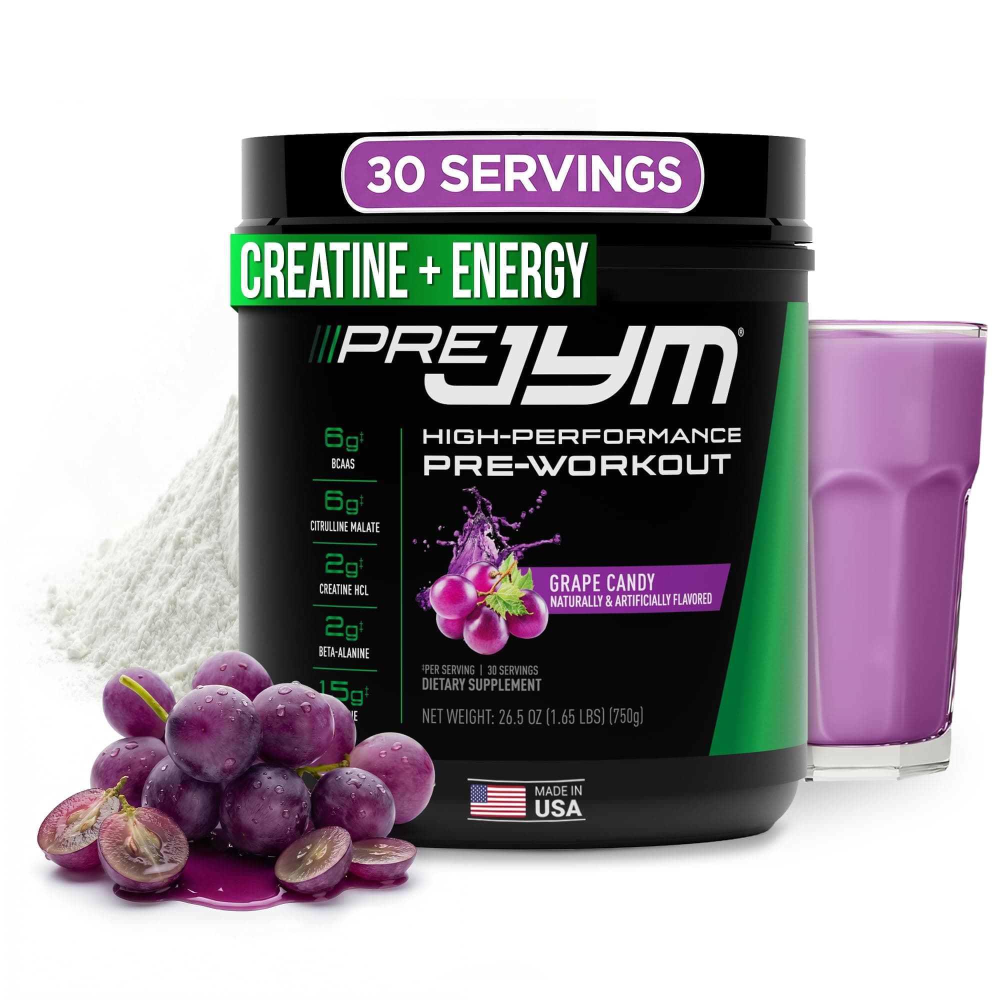 JYM Supplement Science Pre JYM Grape Candy Pre Workout Powder - BCAAs, Nootropics, Creatine HCI, Citrulline, Beta-Alanine, Betaine, Taurine, Huperzine 30 Servings