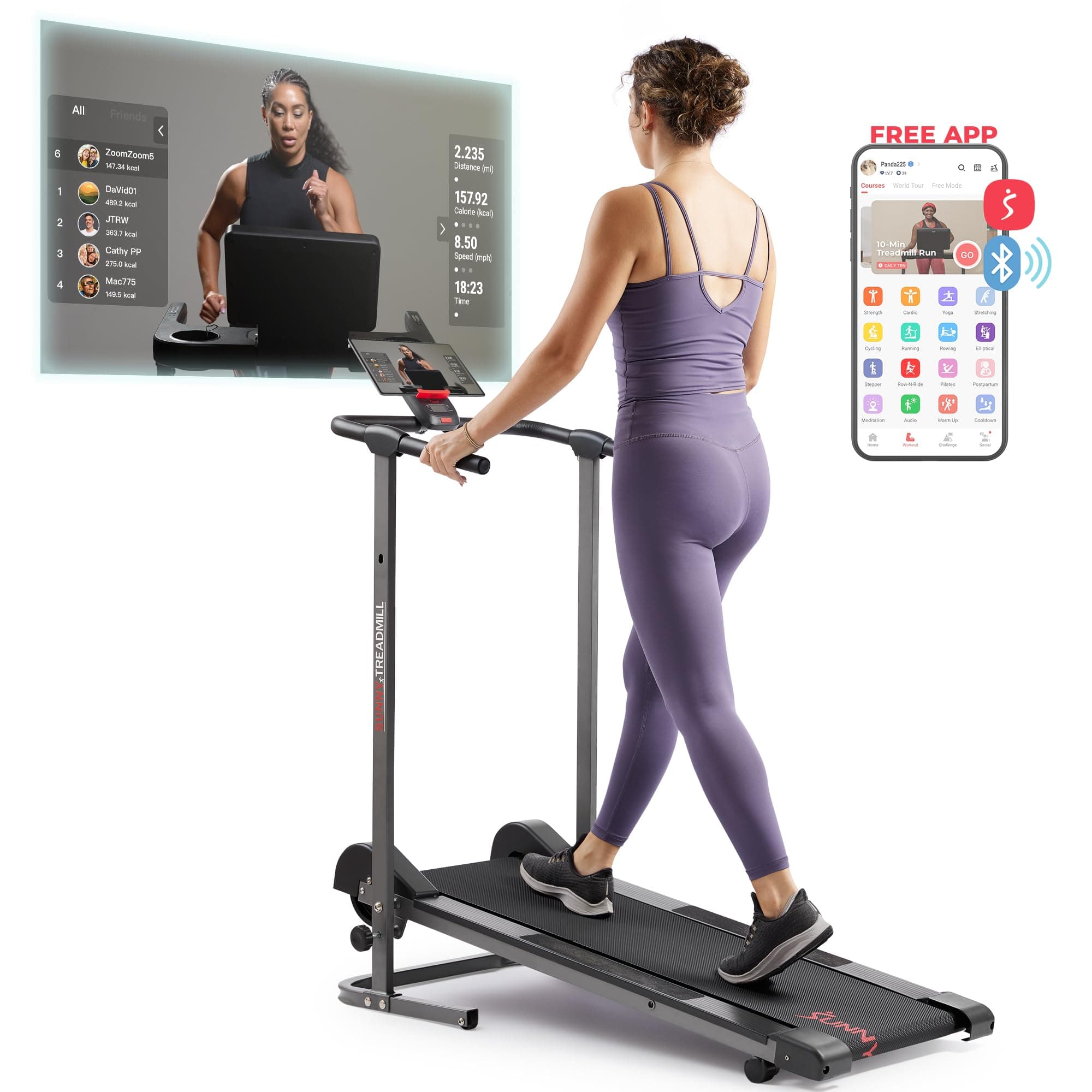 Walking Pad Treadmill with Handle, Manual Compact Foldable Design Walking Running Non-Slip Surface Treadmill with Fixed Incline, LCD Monitor, Bluetooth Optional