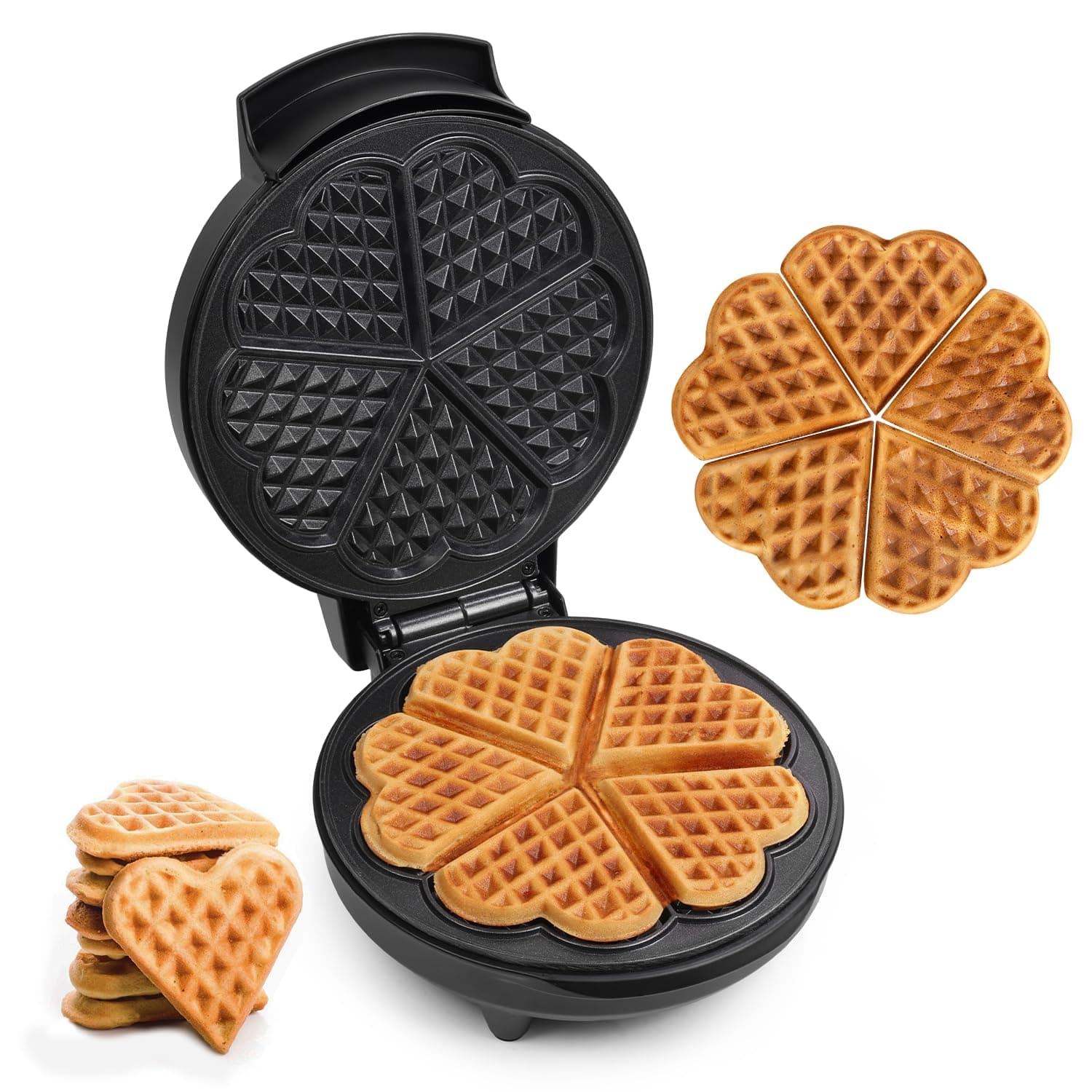 Multi Mini-HEART Waffle Maker Machine- 700 Watts | 5 Heart Waffles at once |Stainless Steel Non-Stick Cooking Plates & Cool Touch Handle | Electric Iron with Indicator Light- Matte Black