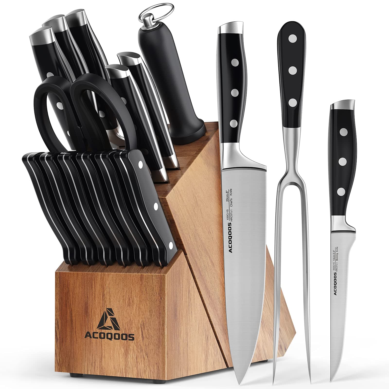 ACOQOOS Knife Set, 17 Pcs Knife Set For Kitchen With Block, German Stainless Steel With Scissors, Knife Sharpener and 6 Serrated Steak Knive