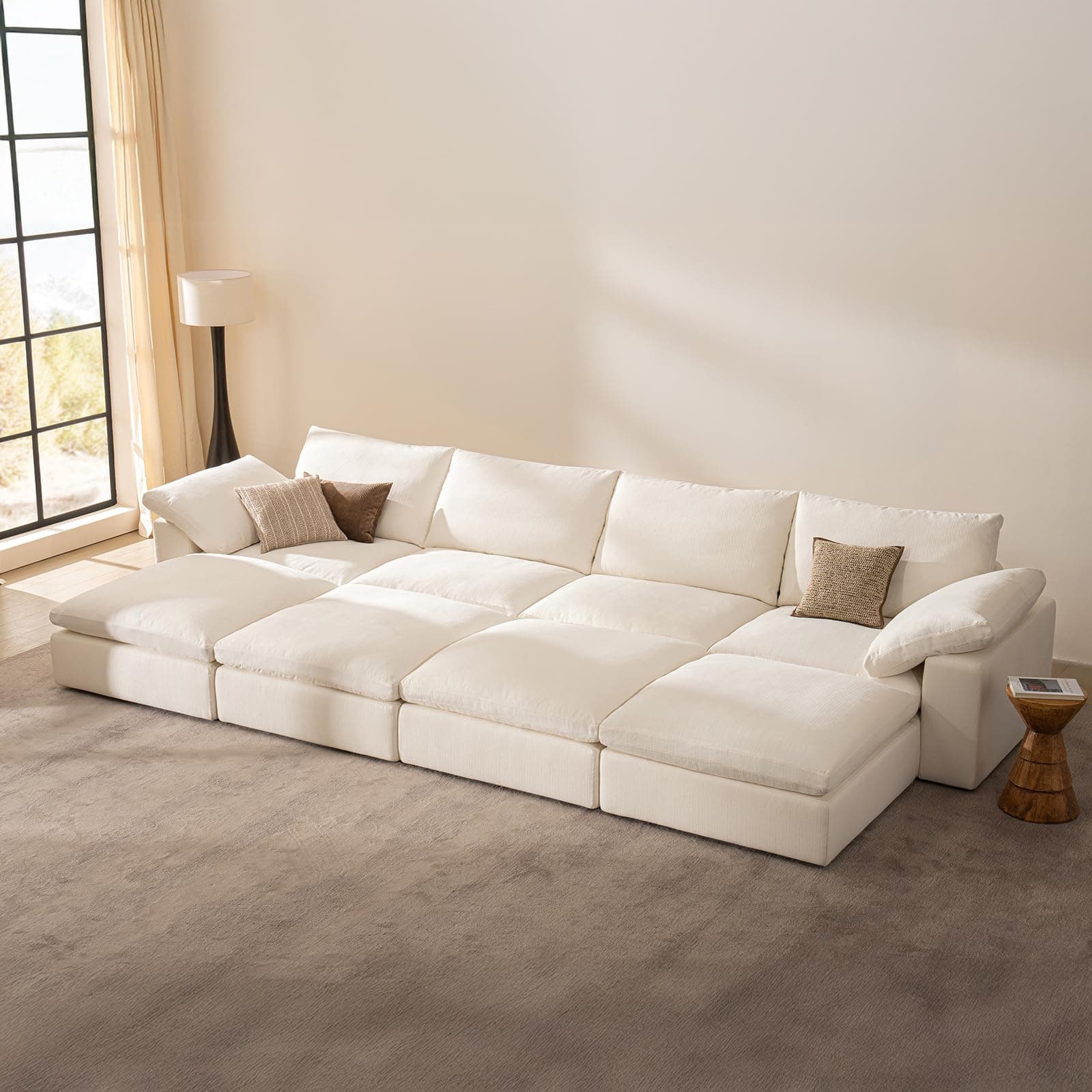 Vorthio Cloud Couch Oversized Modular Sectional Sofa True Relax Comfy Couches Wide&Deep Seat Sofas for Living Room Metal Frame Furniture Sets, 4 Seater with 4 Ottomans 141.7" Width - Cream