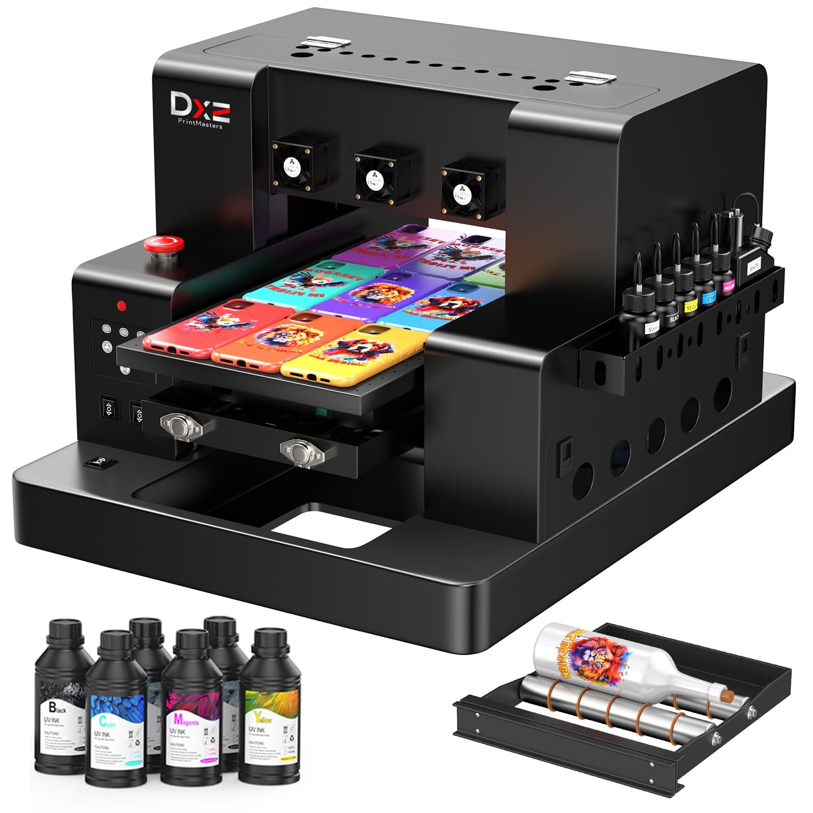 DXZ A3 UV Printer,Automatic L805 UV Flatbed Cylinder Printer with Varnish 100% Transfer Rate for Phone Case,Acrylic,Metal,Leather,Golf,Bottle,2-Year Ink Included