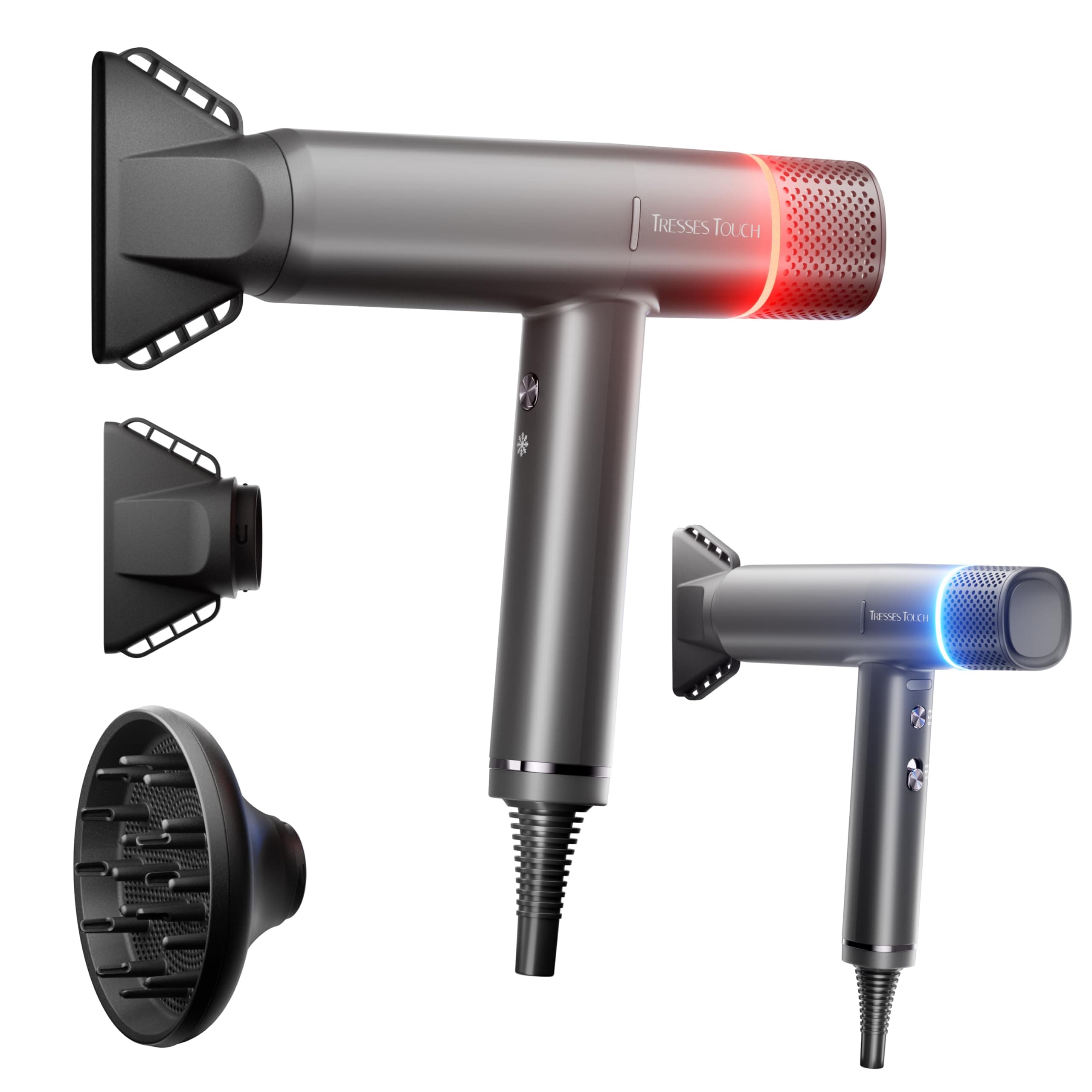 Ionic Hair Dryer with Diffuser and Concentrator, Professional Lightweight Quiet Blow Dryer, Powerful 1600 Watt Motor for Fast Drying and Straight & Wavy Hair, 3 Temps/2 Speeds, 6.56 Ft Cord, Grey