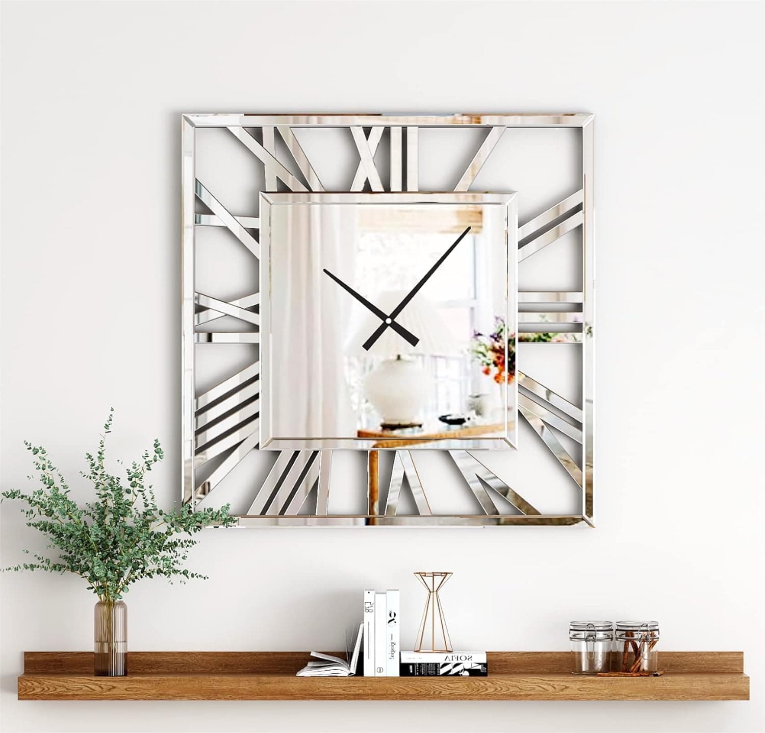 DEENZ 40X40Cm Full Mirrored Wall Clock Large Roman Numeral Clock Silver Finish Modern Home Decorative Mount (Square)