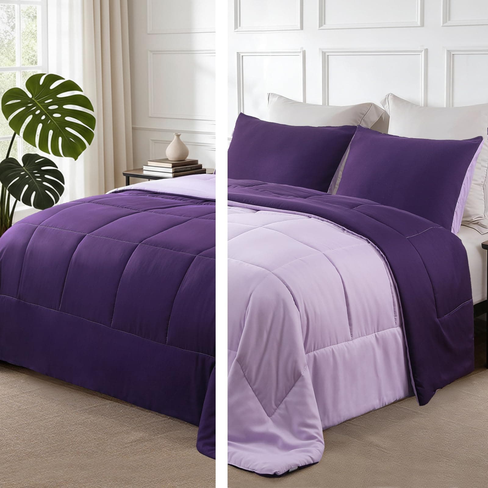 Lightweight Reversible Queen Size Comforter Set, Down Alternative Comforter with 2 Pillow Sham, Queen Size Bedding Set for All Seasons, Deep Purple/Lilac