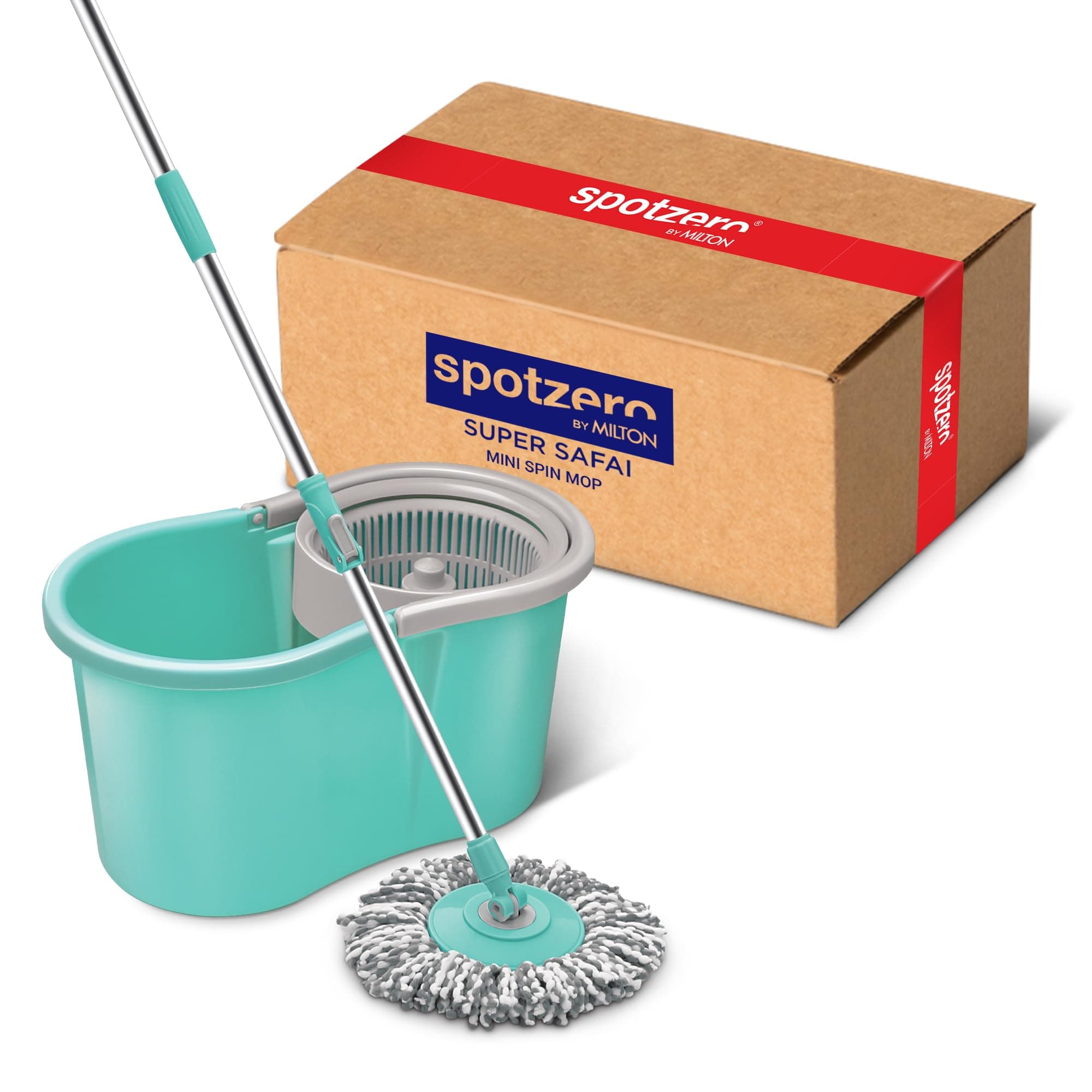 Spotzero by Milton Mini Spin Mop with Puller Handle, Bucket Floor Cleaning and Mopping System 360° Flexible,1 Microfiber Refills, Big Size, Aqua Green