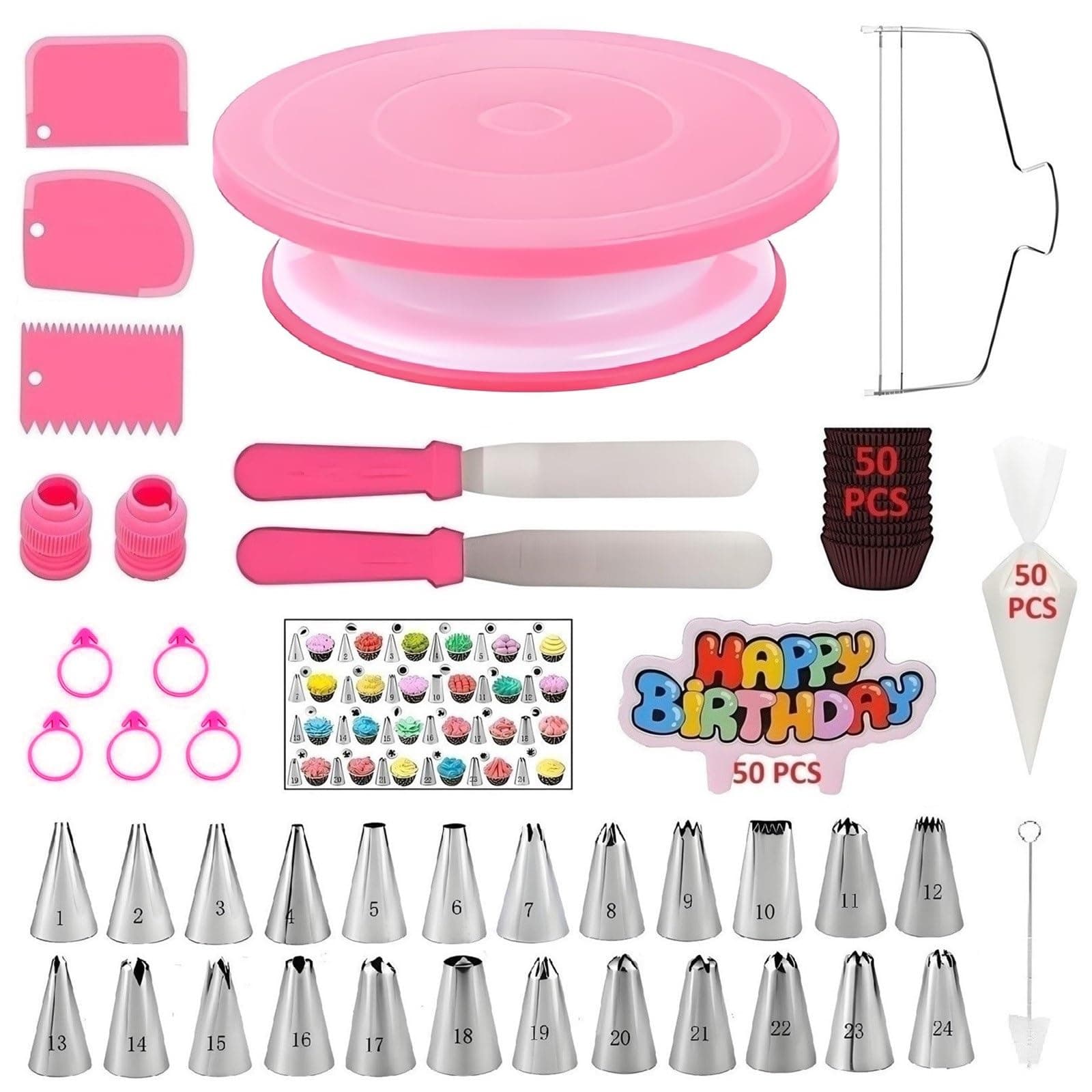 190 Pcs Cake Decorating Kit,Baking Supplies Tools with Cake Turntable,Leveler,24 Numbered Icing Tips,2 Spatulas,3 Scrapers,2 Couplers,50 Pastry Bags,50 Cupcake Liners & More, (Pink)