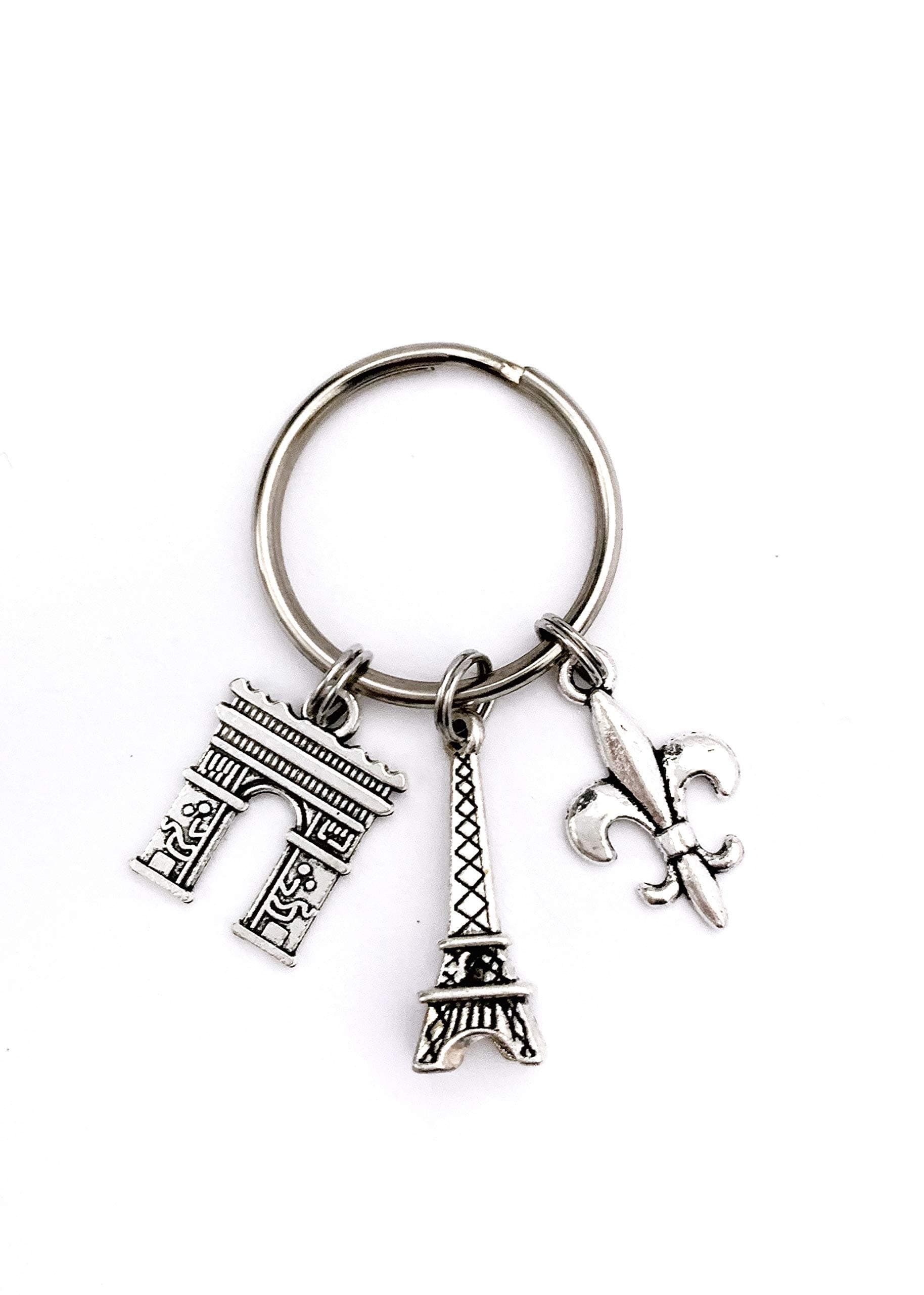 Paris France theme keychain. Includes Eiffel Tower, Arc de Triomphe, and Fleur de Lis. Gift for French lover.