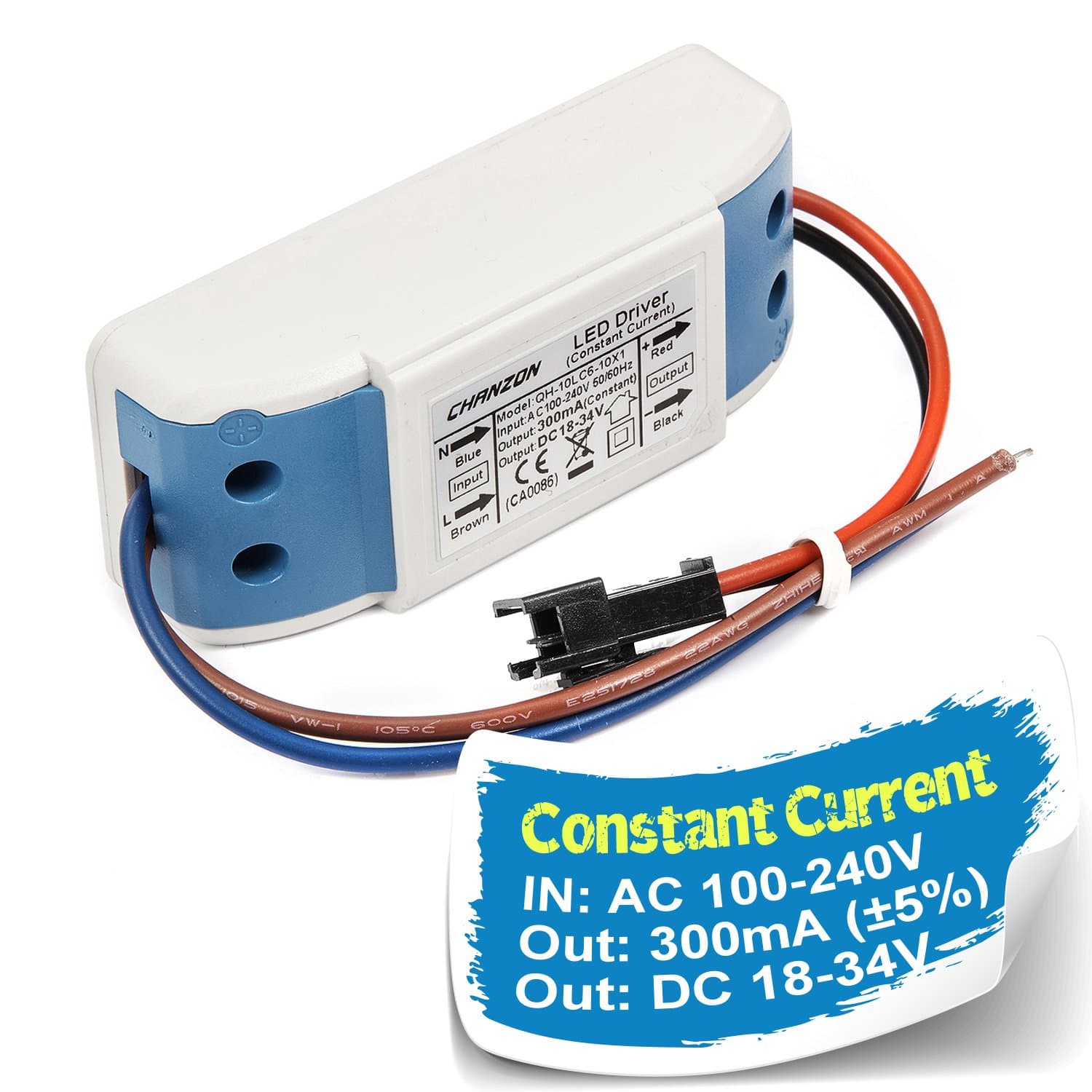 Chanzon LED Driver 300mA (Constant Current Output) 18V-34V (Input 100-240V AC-DC) (6-10) x1W 6W 7W 8W 9W 10W Power Supply 300 mA Lighting Transformer Drivers for High Power COB Chips (Plastic Case)