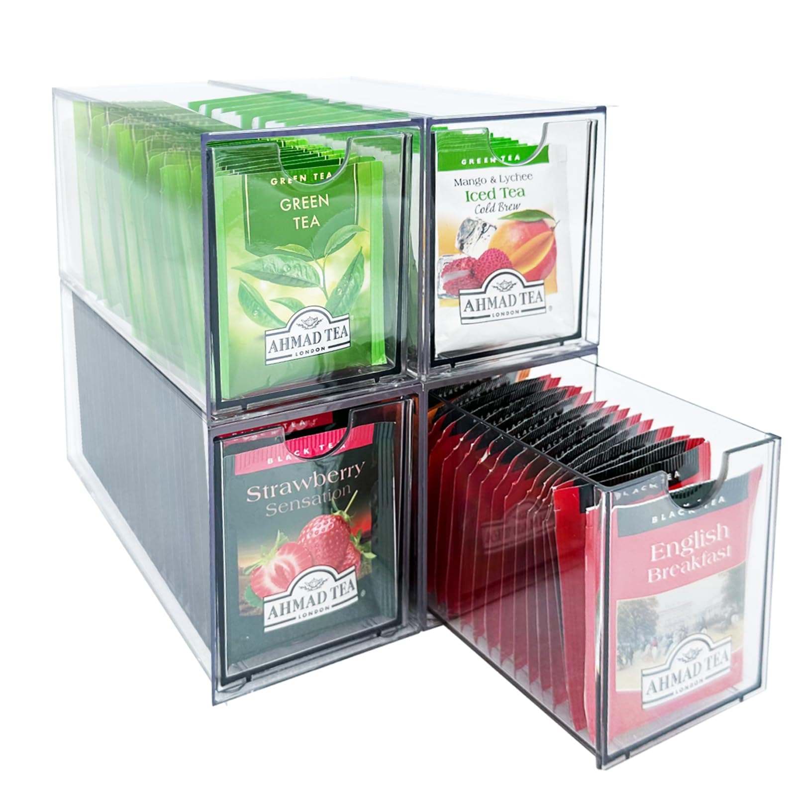 4 Pack Tea Bag Drawer Organizer - 4 Clear Plastic Drawer Tea Bag Holders; Stackable and Portable; Larger Size, Organize Storage for Tea Bags and Kitchen Essentials