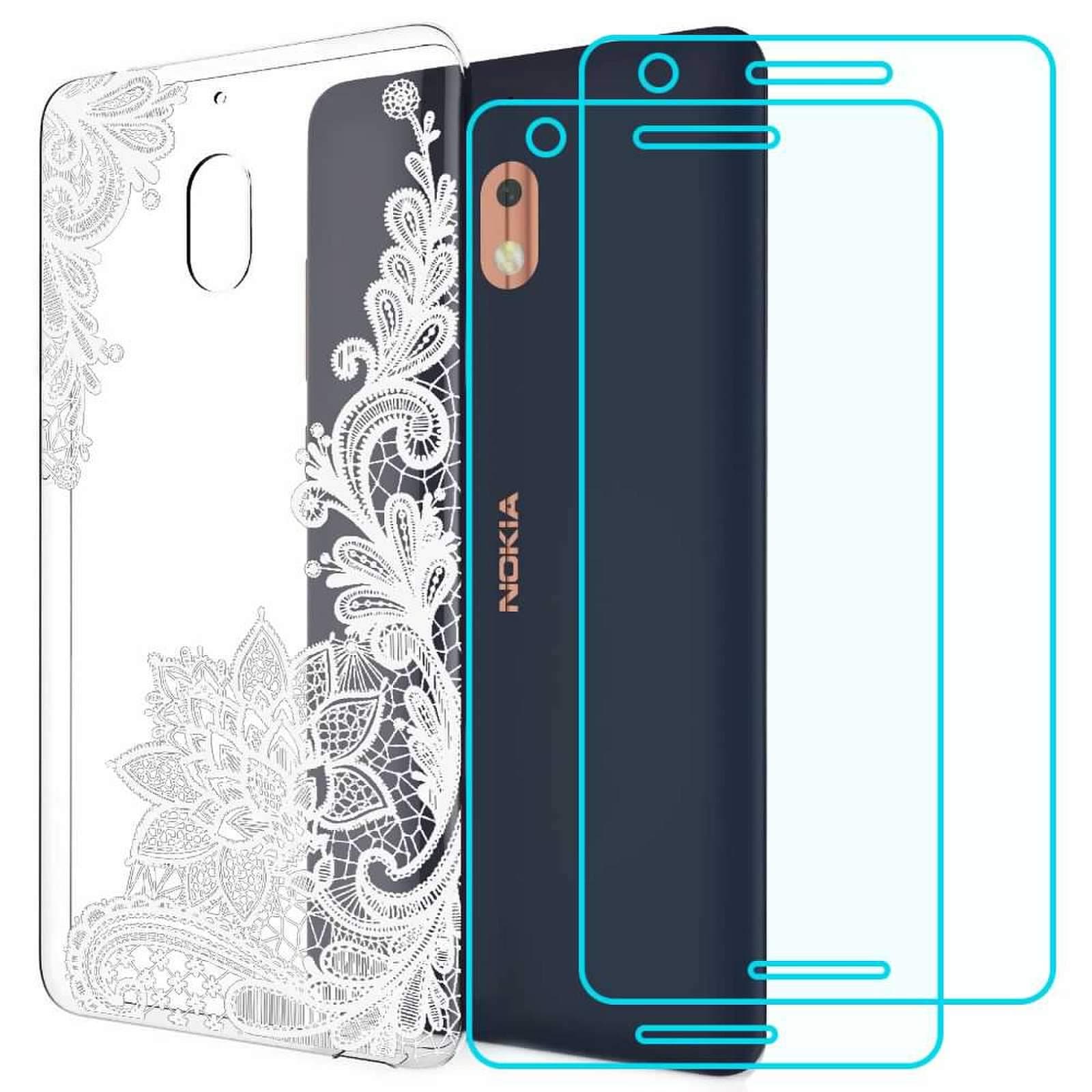 Nokia 2.1 Case with 2 Pack Glass Screen Protector Phone Case for Men Women Girls Clear Soft TPU with Protective Bumper Cover Case for Nokia 2 V-White Flower