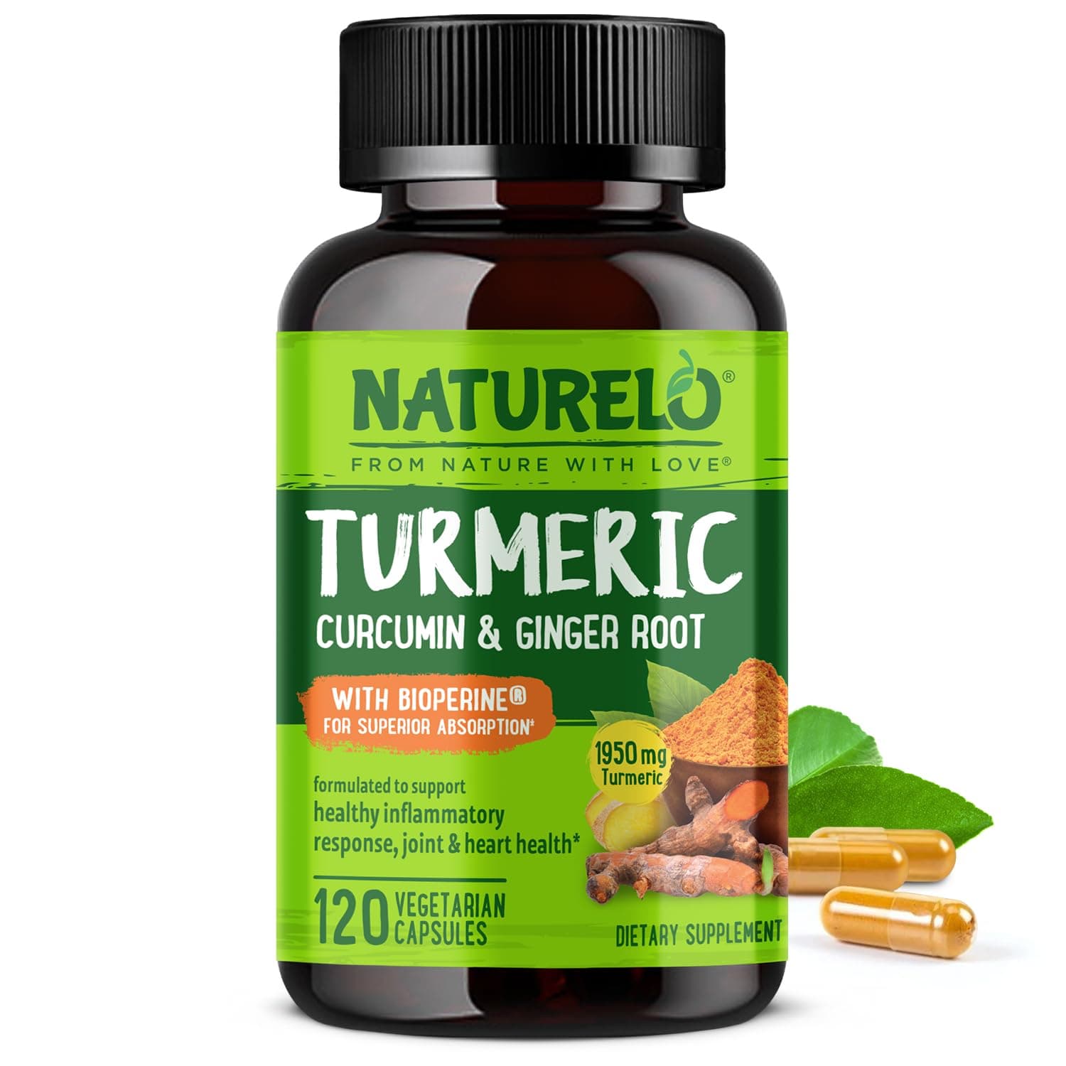 NATURELO Turmeric Curcumin - BioPerine for Better Absorption - Curcuminoids, Black Pepper, Ginger Powder - Plant-Based Joint Support - 120 Vegan Capsules