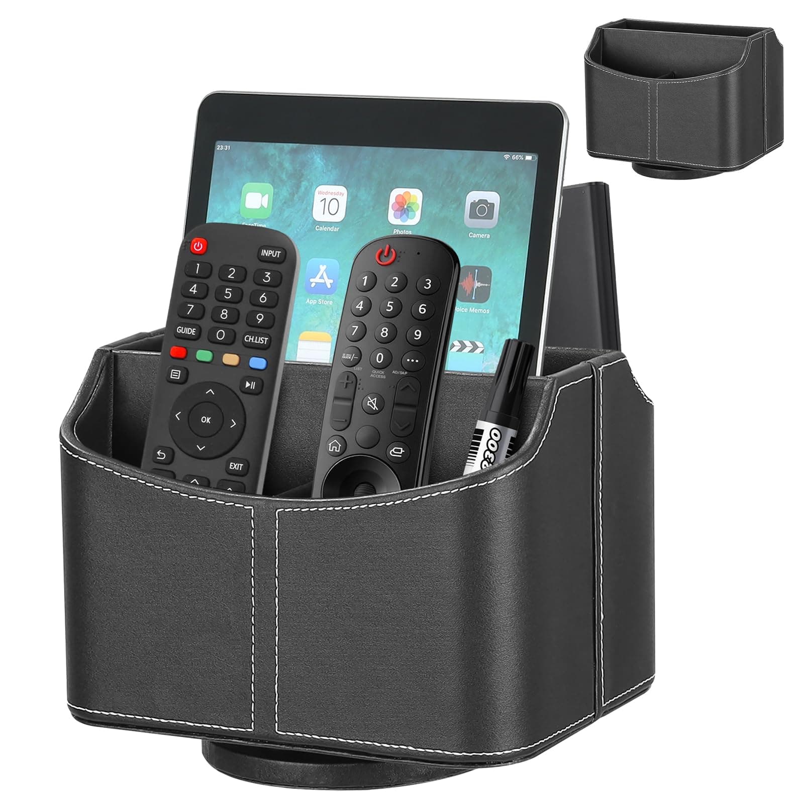 Remote Control Holder, TV Remote Holder, PU Leather | 360 Degree Rotatable | 5 Compartments,Desk Organizer for Glasses, Pens, Pencils, Scissors, Makeup Brush, Black