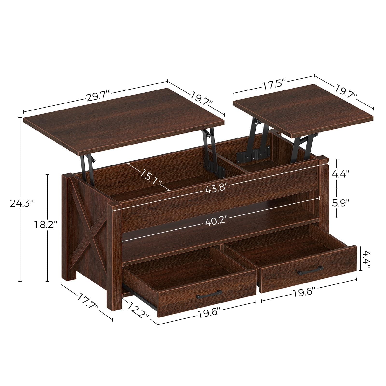 Seventable Coffee Table, 47.2" Lift Top Coffee Table with 2 Storage Drawers and Hidden Compartment, Farmhouse Center Table with Wooden Lift Tabletop, for Living Room,Espresso