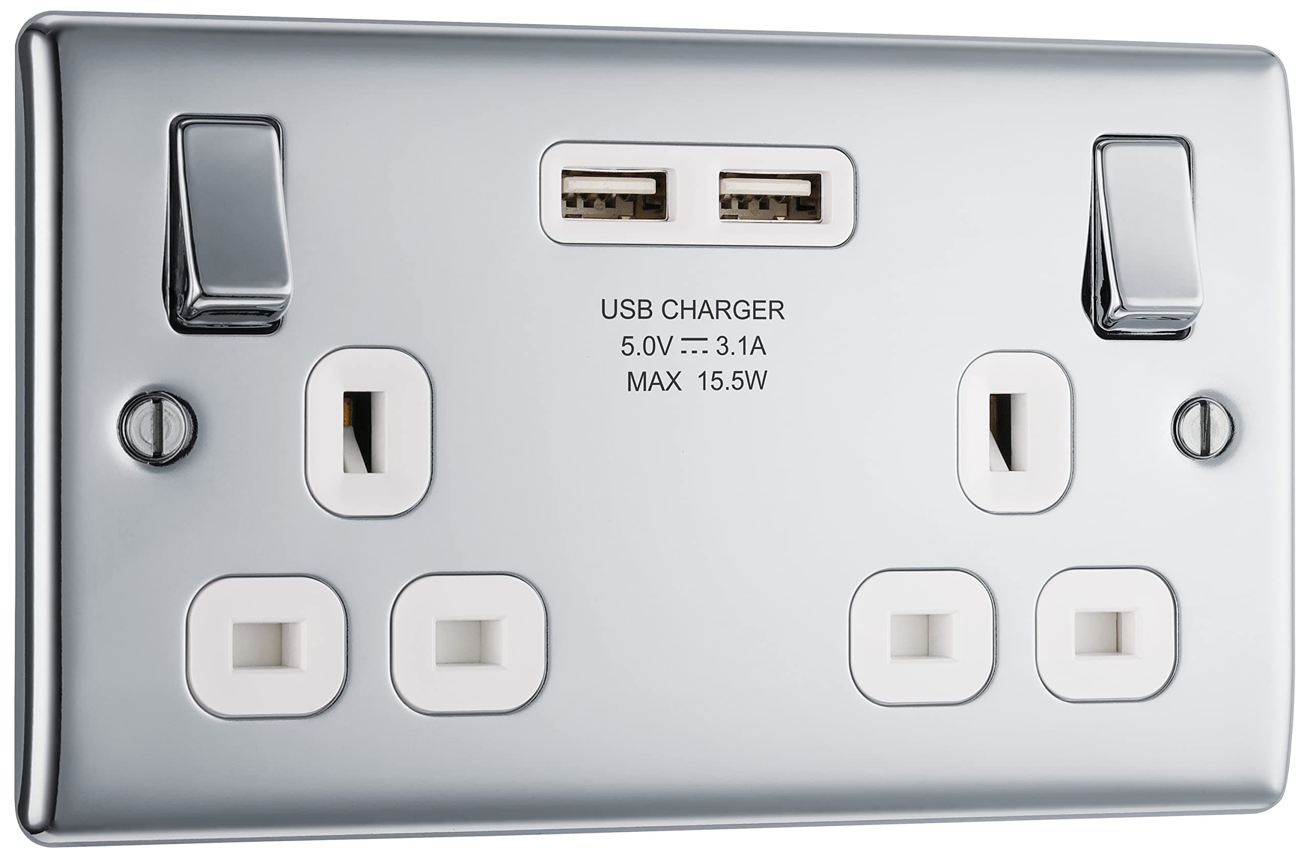 BG Electrical Double Switched Fast Charging Power Socket with Two USB Chargin...