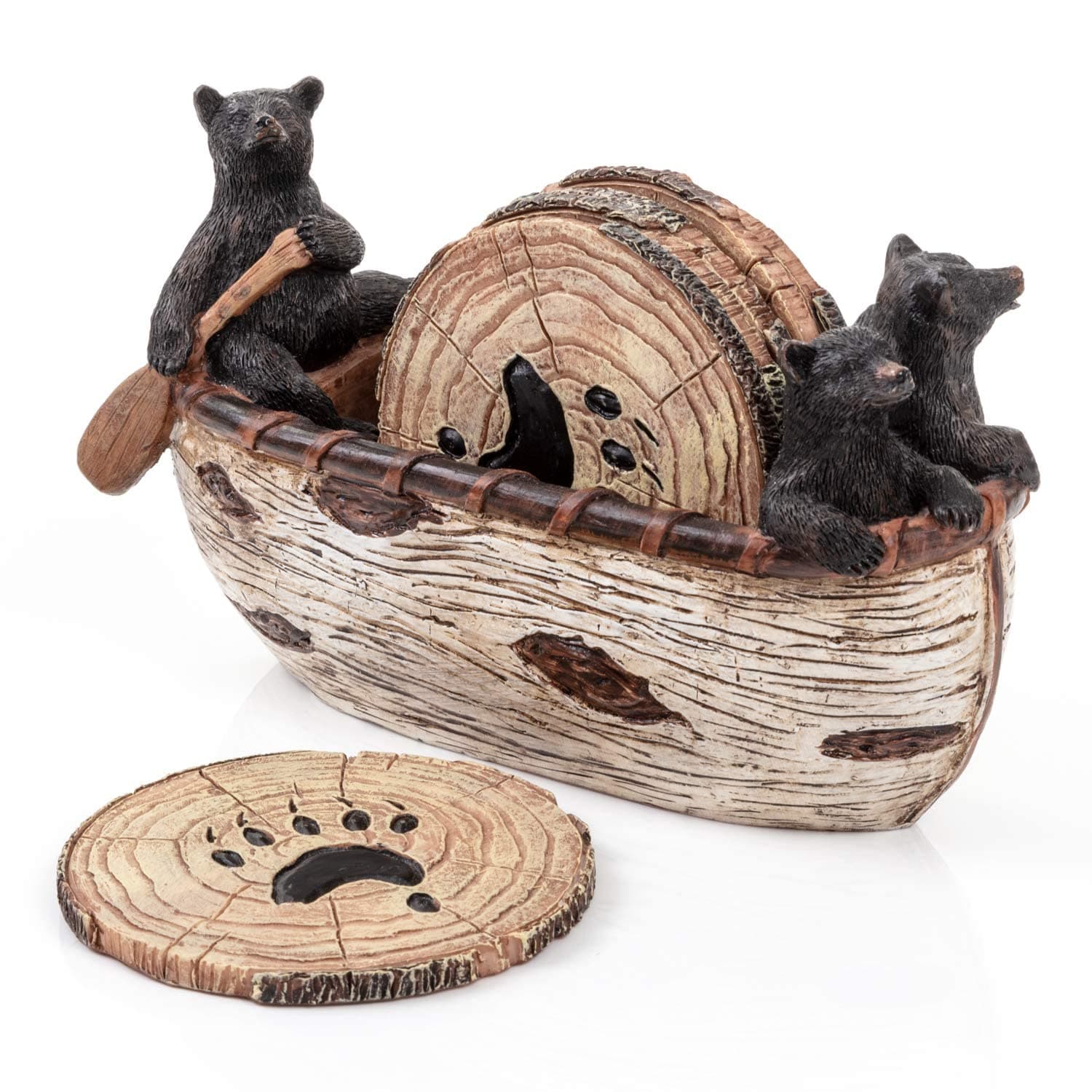 Cabin Obsession Bear Coasters Set – 6 Full Size Rustic Coasters in Handmade Canoe with Adorable Black Bear Figurines | Black Bear Decor, Log Decor, Decorations, Rustic Lodge Decor for The Home