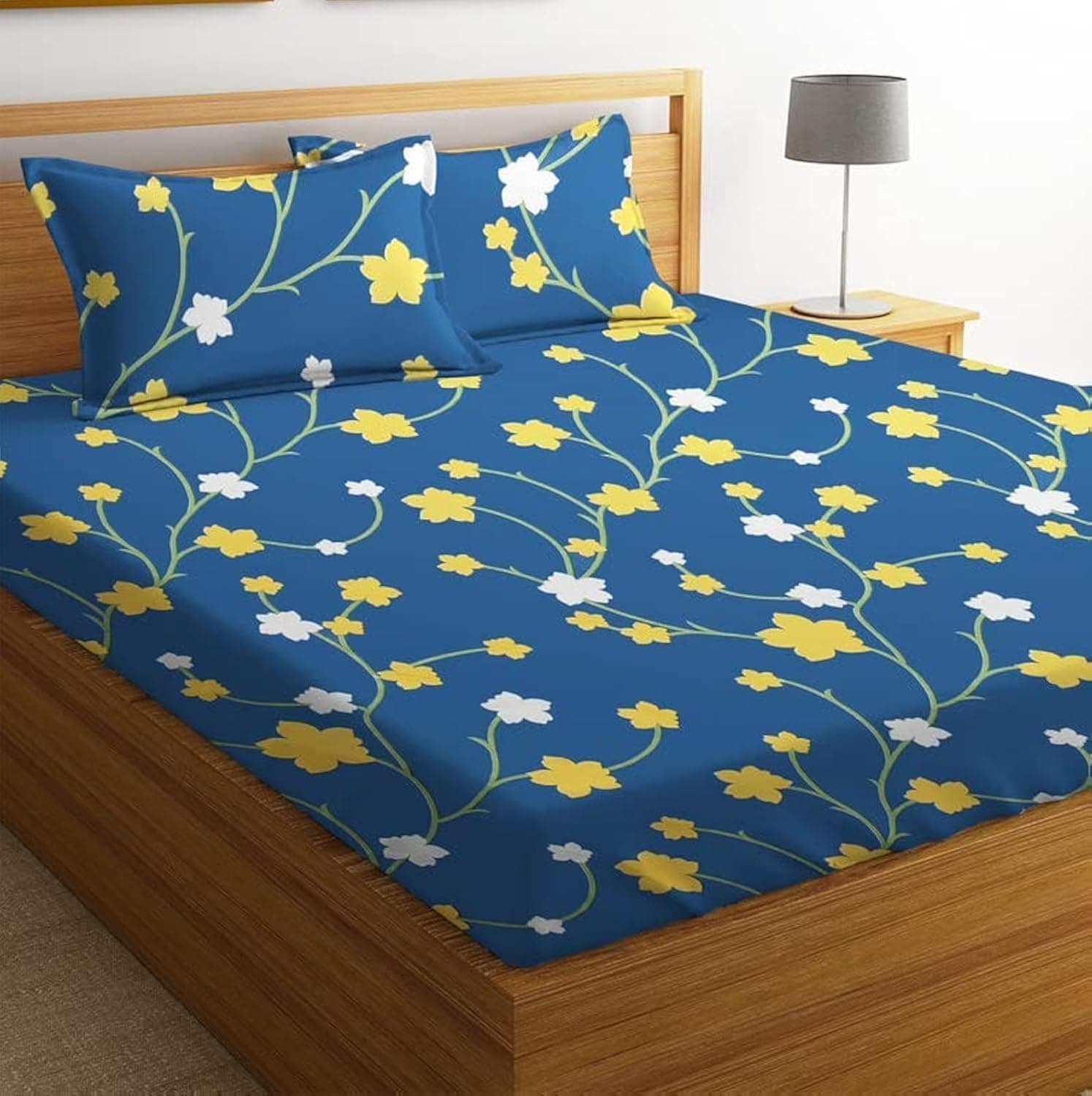 BSB HOME 100% Microfiber bedsheet for Double Bed with 2 Pillow Covers Breathable | Wrinklefree and Softtouch Floral Print Sheet- White Yellow & Blue