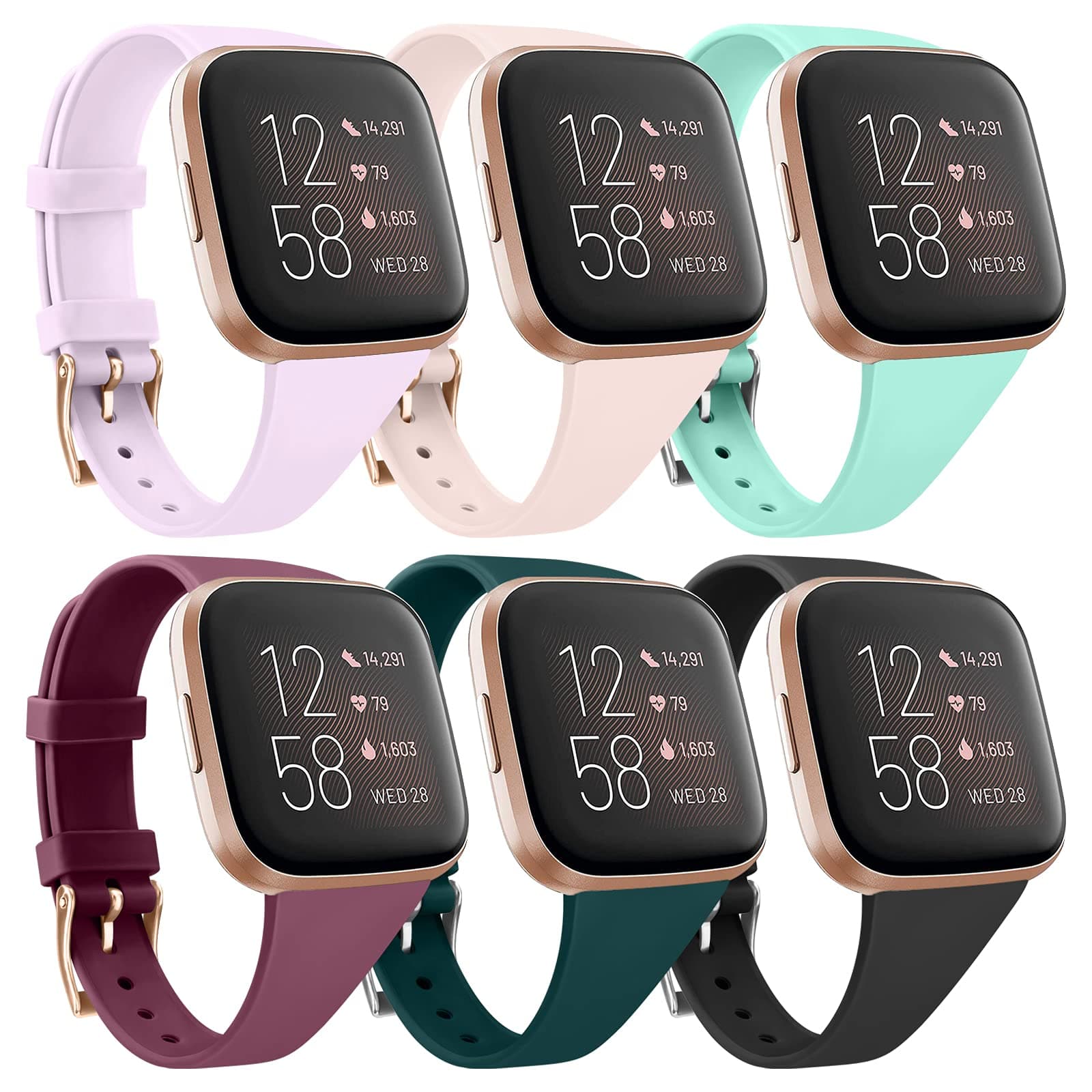 6 Pack Silicone Bands Compatible with Fitbit Versa 2 Bands/Fitbit Versa Bands/Versa Lite/Versa SE, Soft Silicone Slim Narrow Replacement Wristbands for Fitbit Versa 2 Smart Watch