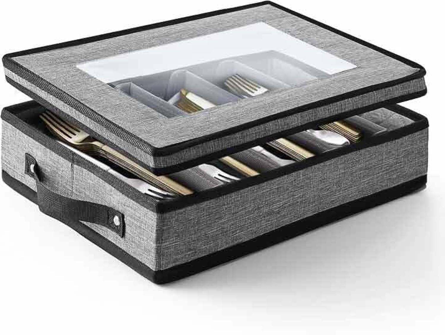 Flatware & Utensil Storage, Durable Silverware Storage Box with Padded Dividers, 5 Compartment Flatware Storage Case, Silverware Case with Handles, Protects and Organizes Cutlery, Grey