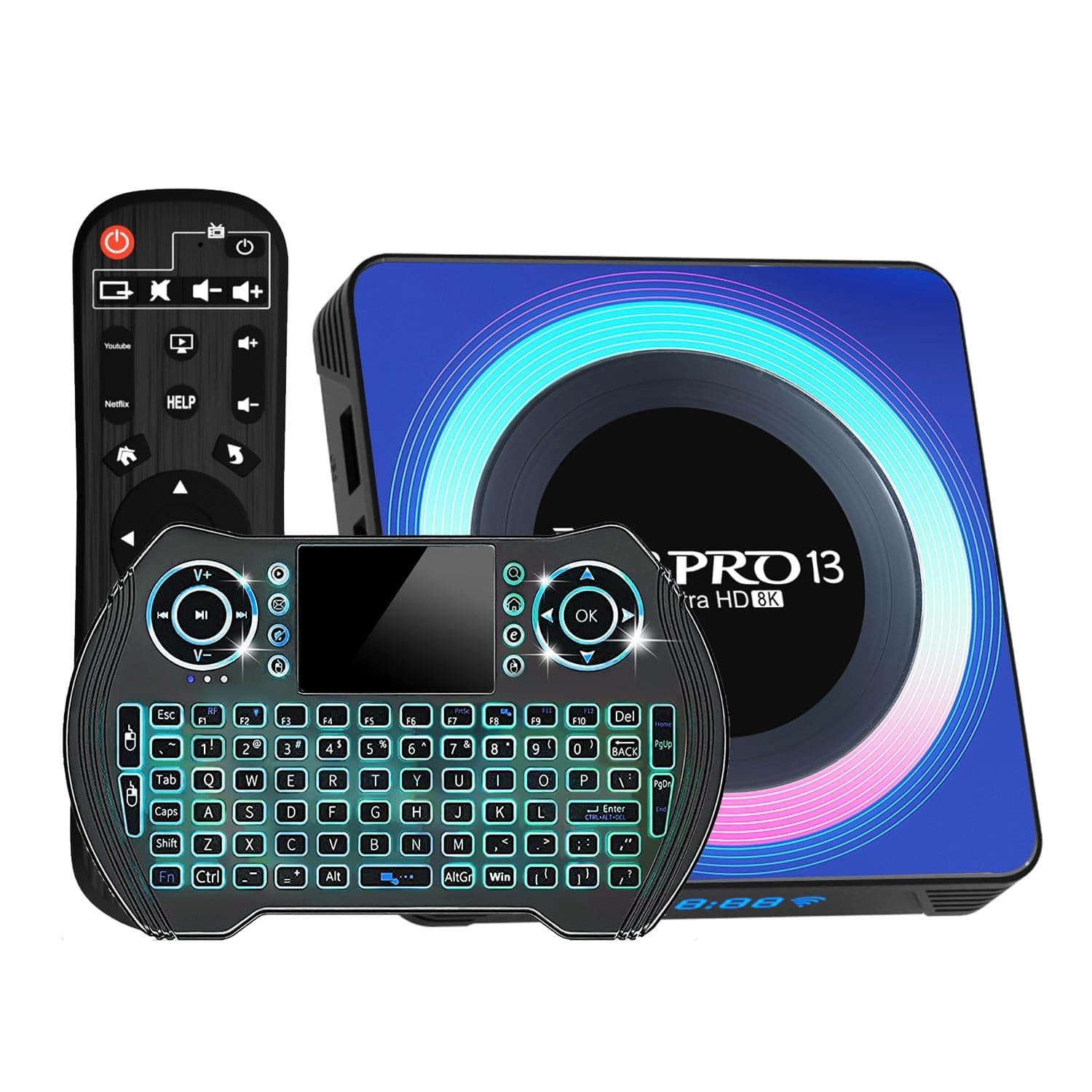 Android TV Box 8K, Android 13.0 TV Box with 4GB RAM 64GB ROM, Quad-Core Processor, WiFi 6, Bluetooth 5.0, HDR10, Backlit Wireless Keyboard and Remote