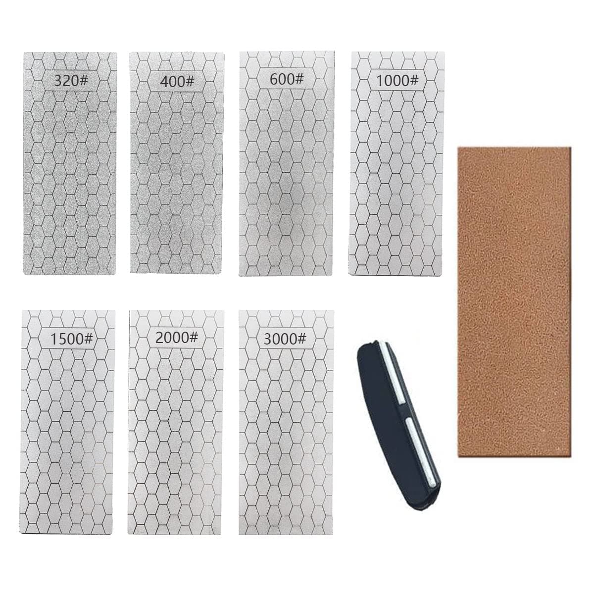 Diamond Sharpening Stone, Knife Sharpener Stone Whetstone Honeycomb Surface Plate with Non-slip Base for Pocket Knives Scissors (320/400/600/1000/1500/2000/3000 Grit，with Angle Guide and Leather)