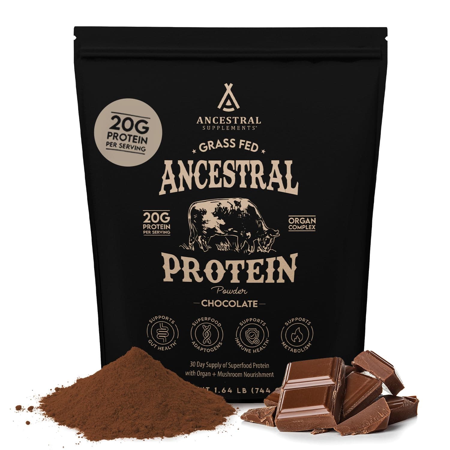 Ancestral Supplements Grass Fed Protein Powder, Chocolate, Beef Bone Broth Based w/Beef Organs & Organic Mushrooms, Gut Health Support, High Protein Supplement, 20g Protein Per Serving, 30 Day Supply