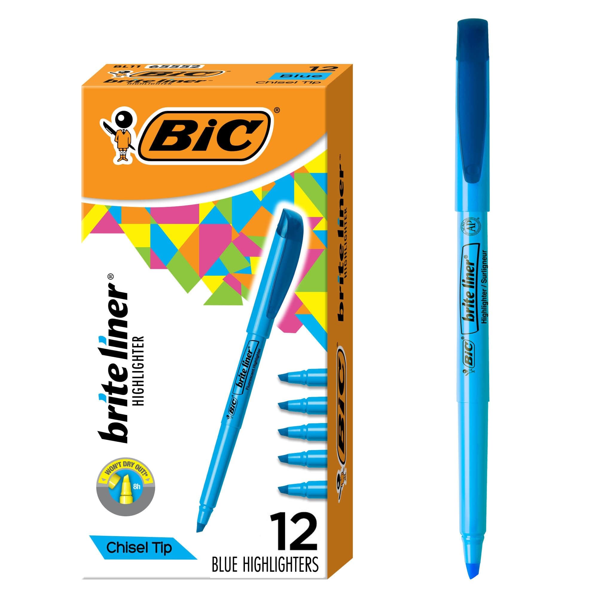 BIC Brite Liner Highlighter, Chisel Tip, Fluorescent Blue Ink, 12 per Pack (BL11-BE)