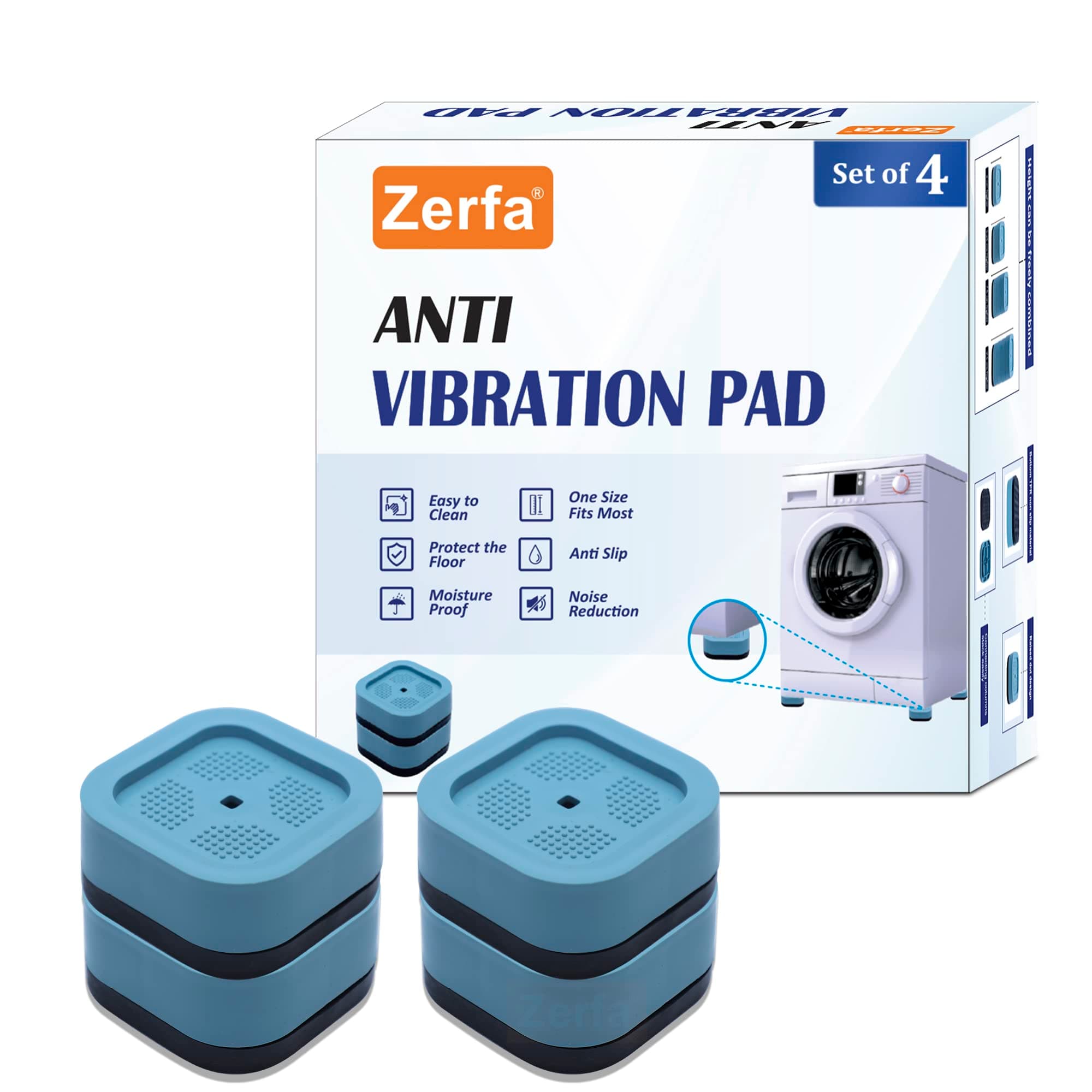 Zerfa Stackable Washer Dryer Anti Vibration Pads, Fridge Washing Machine Leveling Feet Anti Walk Pads Shock Absorber Furniture Lifting Base (ZP963 Square (Blue))