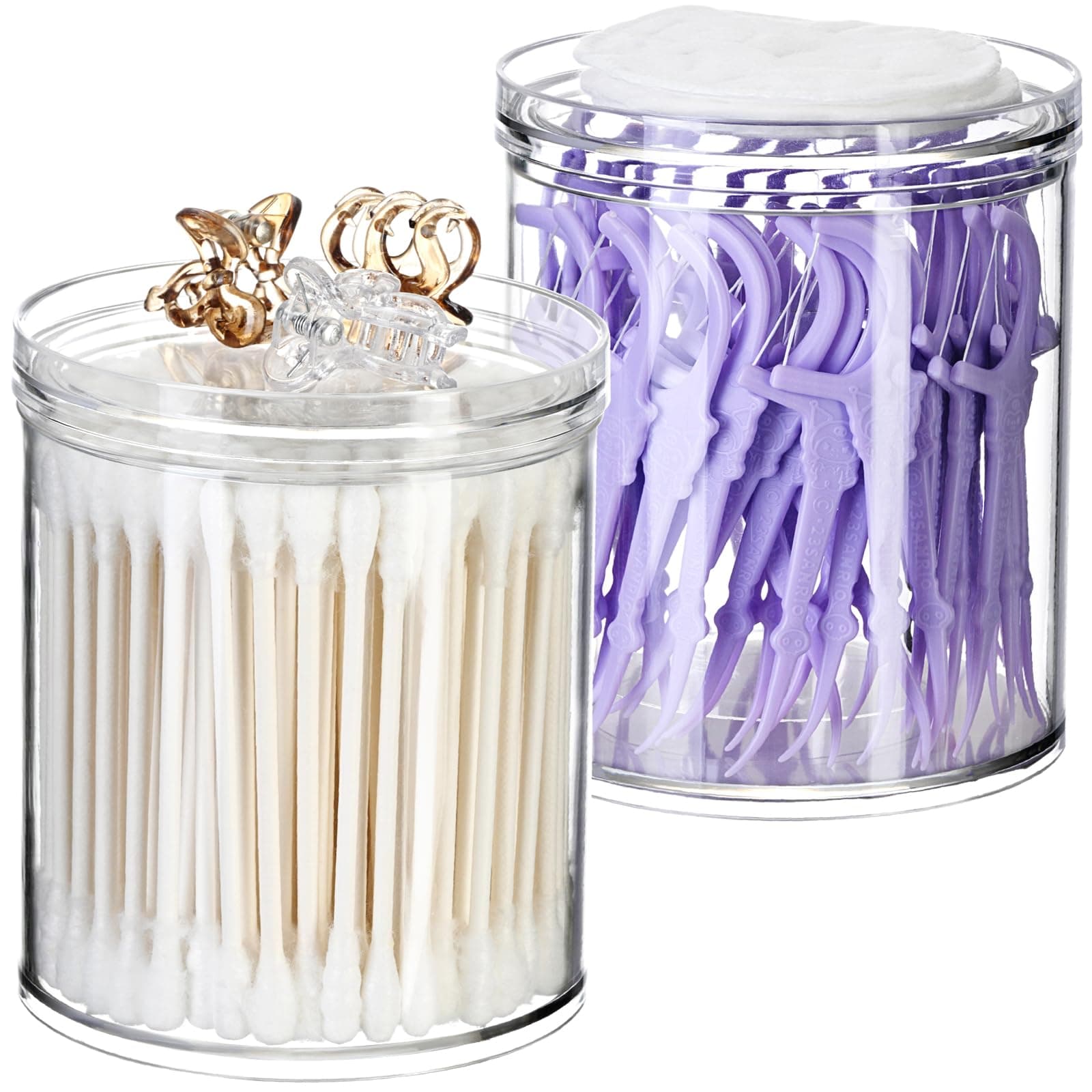 SheeChung 2-Pack Stackable Clear Qtip Holder - 10oz Crystal Apothecary Jars with Storage Lids - Clear Plastic Bathroom Countertop Organizer for Cotton Balls, Swabs, Pads - Pinterest Style Decor