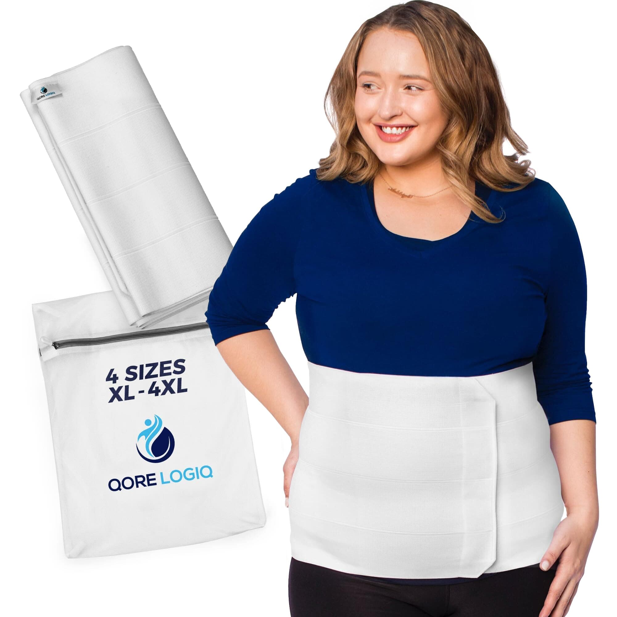 QORE LOGIQ Plus Size Abdominal Binder Post Surgery - C Section Belly Binder, Postpartum Belly Band, Adjustable 12" Compression Wrap for Stomach & Hernia Belt, Black 4XL (white, XXX-Large)