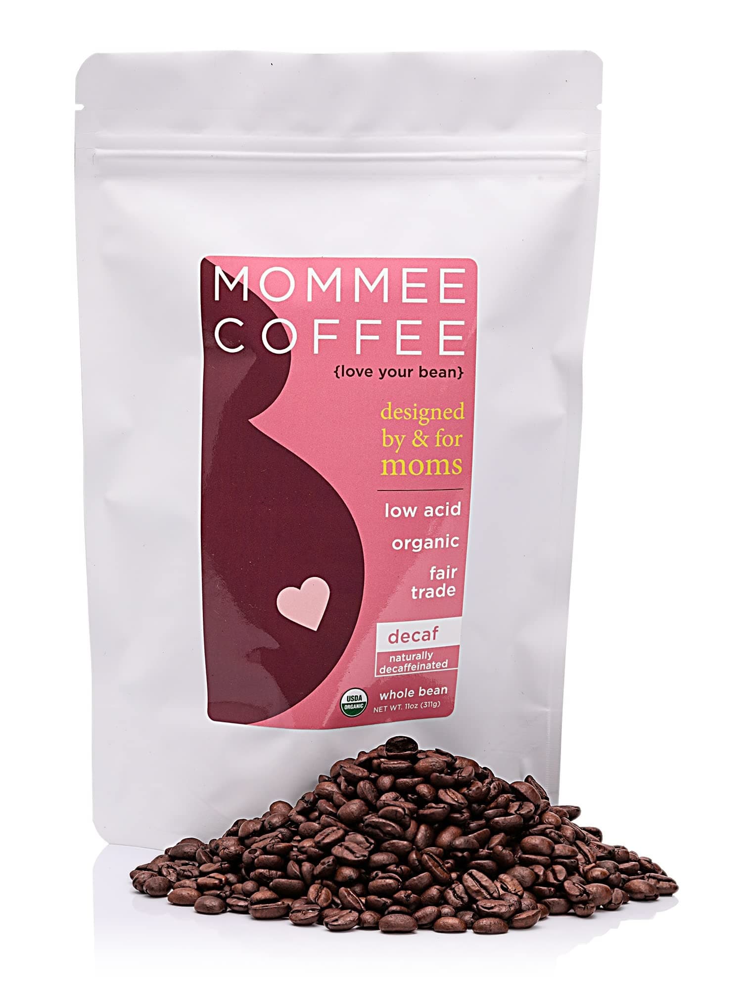 Mommee Coffee Decaf Whole Bean Low Acid Coffee- 100% Arabica Organic Decaf Coffee Beans with Smooth Caramel Flavor - Natural Decaffeination Process - Medium Roast - 11 oz