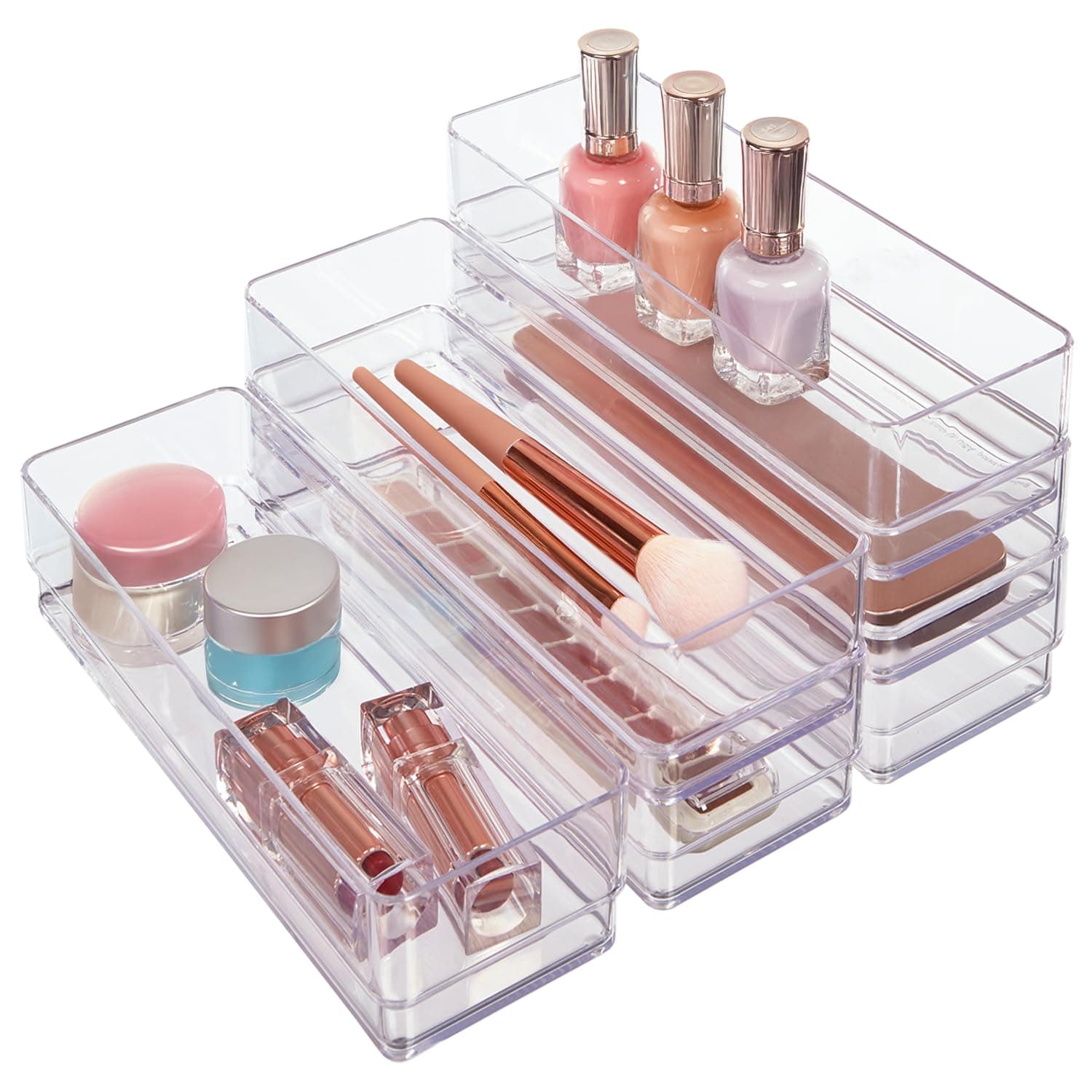 SimpleSort 6-Piece Stackable Clear Drawer Organizer Set | 9" x 3" x 2" Rectangle Trays | Narrow Makeup Vanity Storage Bins and Office Desk Drawer Dividers | Made in USA