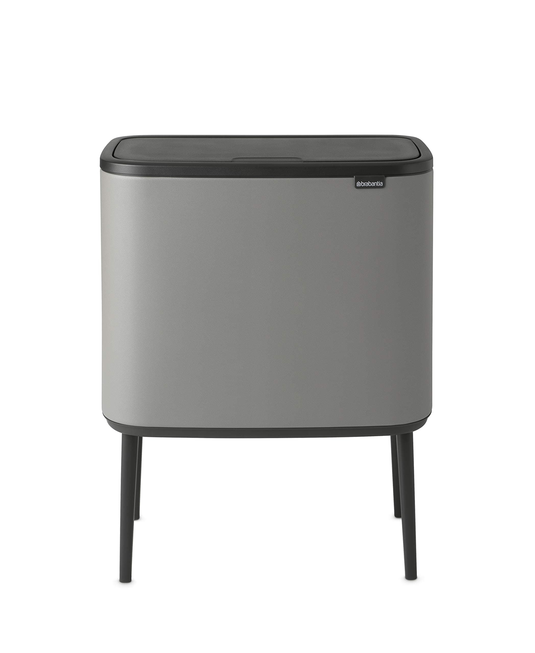 Brabantia Bo Touch Top Kitchen Trash Can with Three Compartments & Raised Legs | Mineral Gray | 3 x 3 Gal Inner Buckets | Soft-Close Garbage Can, Stay-Open Lid | Fits Against Wall | + Trash Bags