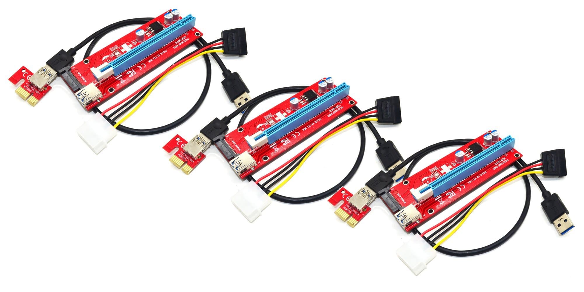 Panto Version 7 SATA Powered PCI-E PCI Express Riser - VER 007S - 1X to 16X PCIE USB 3.0 Adapter Card - with USB Extension Cable - GPU Graphic Card Crypto Currency Mining (3 Pack)
