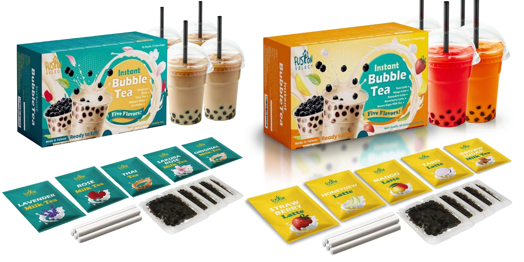 Fusion Select Authentic Bubble Tea Kit Extra Rich (5 Packs) Bubble Tea Drink, Boba Tapioca Pearl, Straws, Popular Bubble Tea Flavors (10 Flavors)