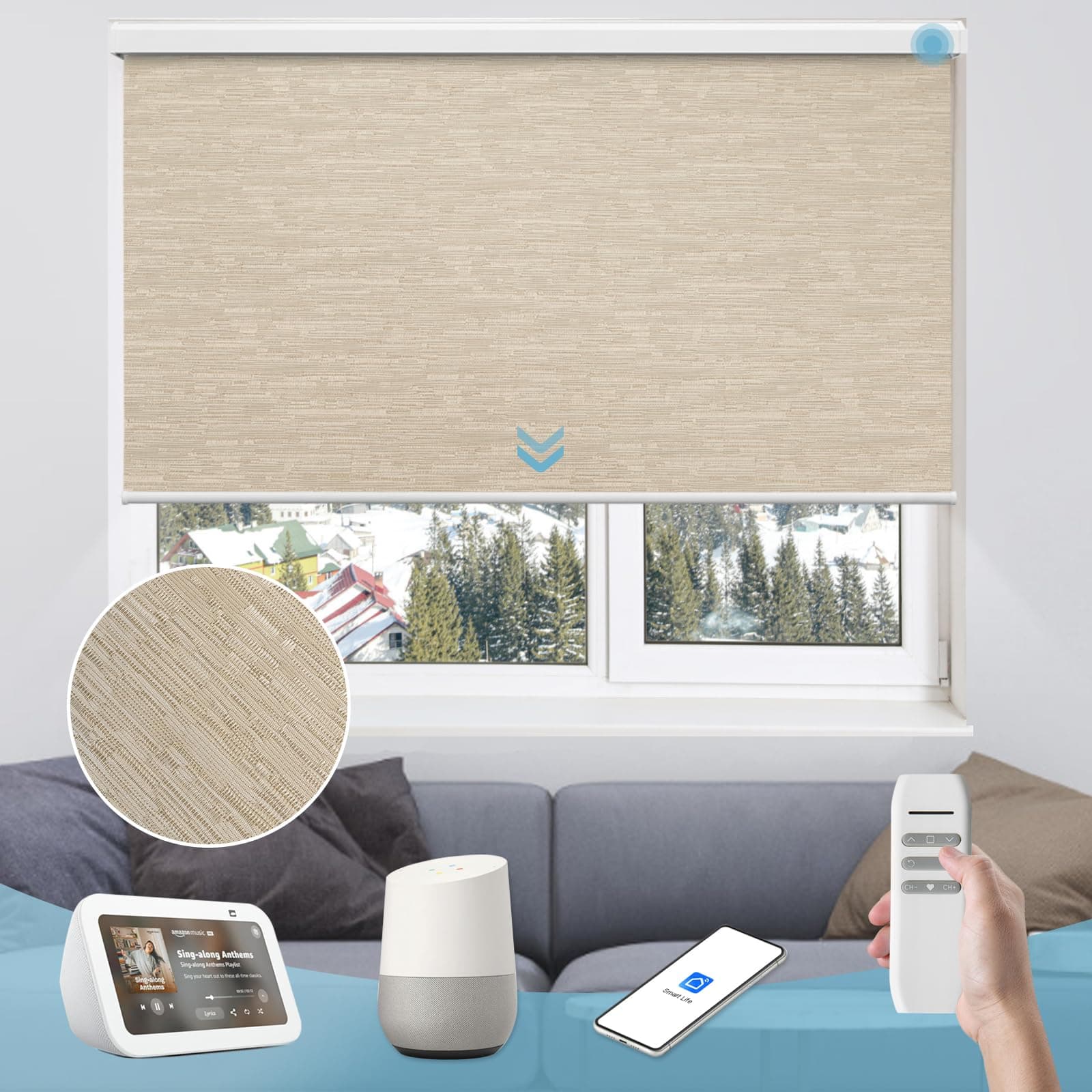 Motorized Roller Shade, Smart Blackout Shade for Window with Remote, Automatic Blind for Smart Home, Free Stop Cordless Shade Customized Size (Jacquard Coffee)