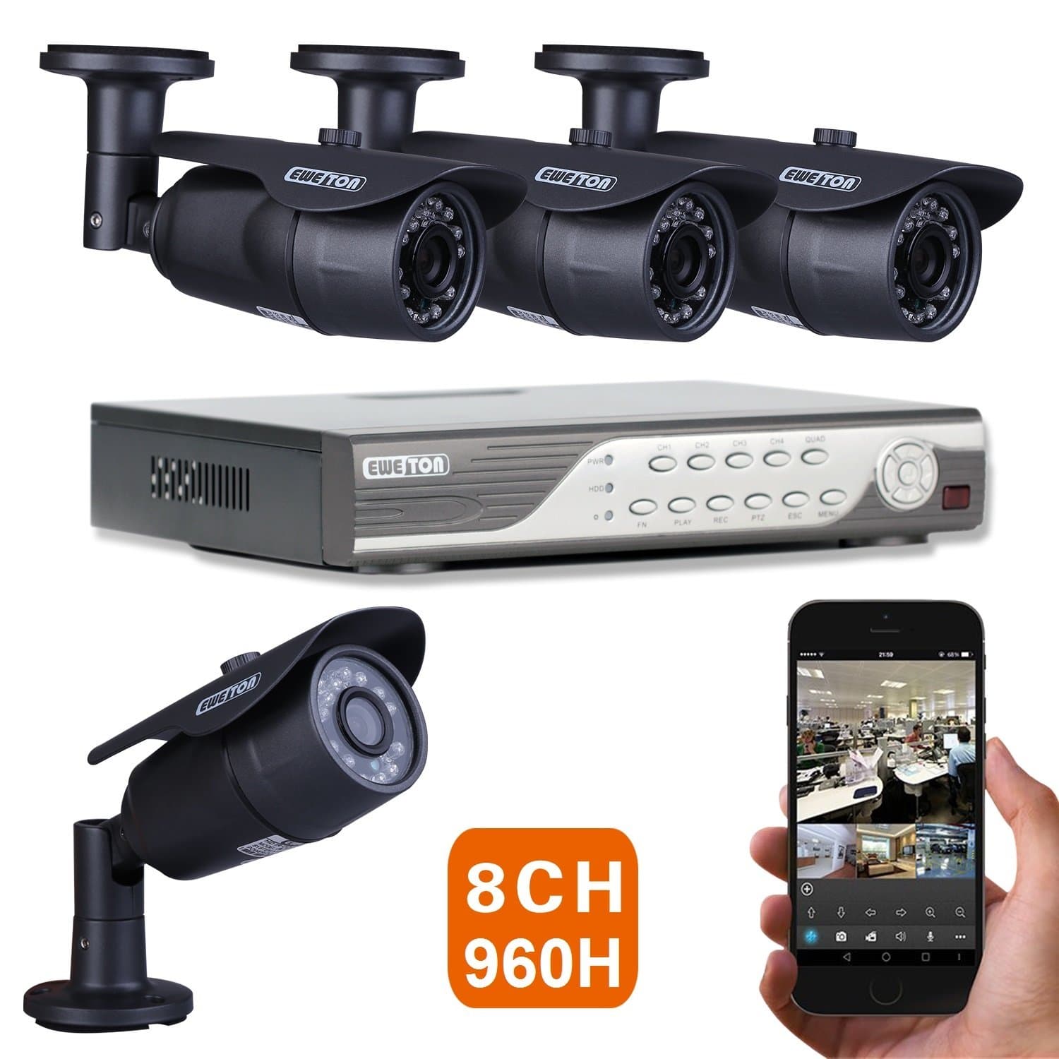 8CH 960H DVR 1000TVL HD Security Camera System w/ 4 Indoor/Outdoor Waterproof 65feet Night Vision Security Camera Support Smartphone View Remote Access Email Alarm-No Hard Drive
