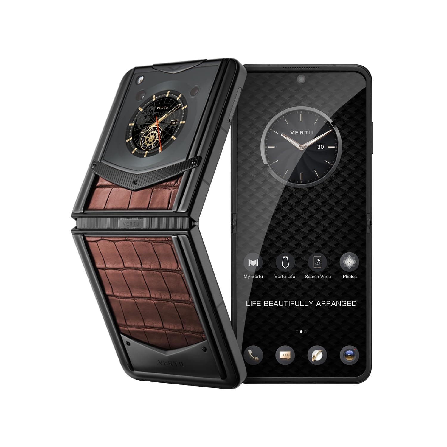 VERTU IRONFLIP Alligator Skin Flip Cell Phone, Unlocked Android 5G Smartphone, Foldable Design, One-Hand Control, 50MP Camera, 12G+512G, Dual SIM, 6.9" 120Hz OLED, 65W Fast Charge (Amber Brown)