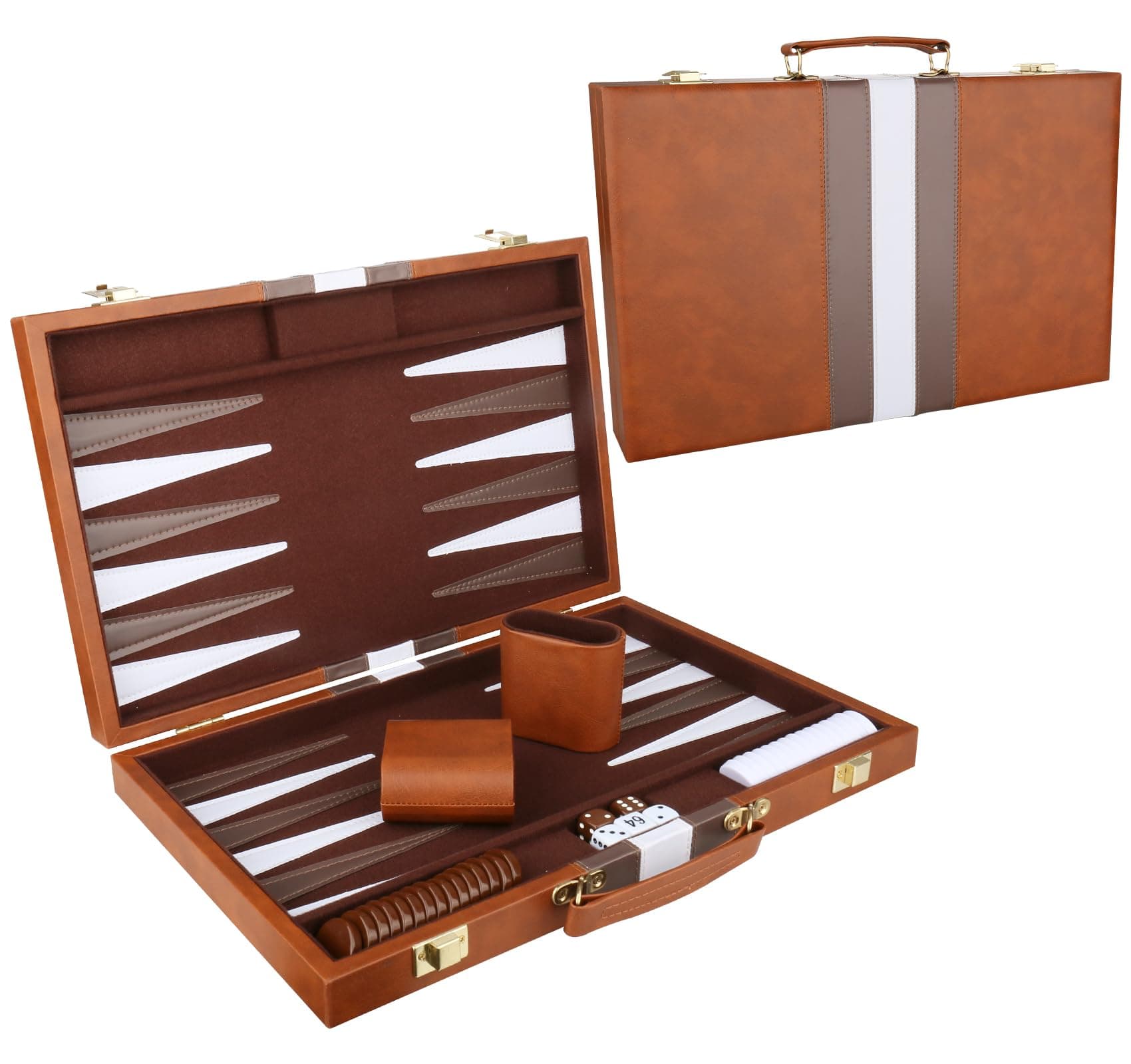 Backgammon Set - Classic Board Game with Premium Leather Case - Portable Travel Strategy Backgammon Game Set for Adults, Kids (18inch, Brown)