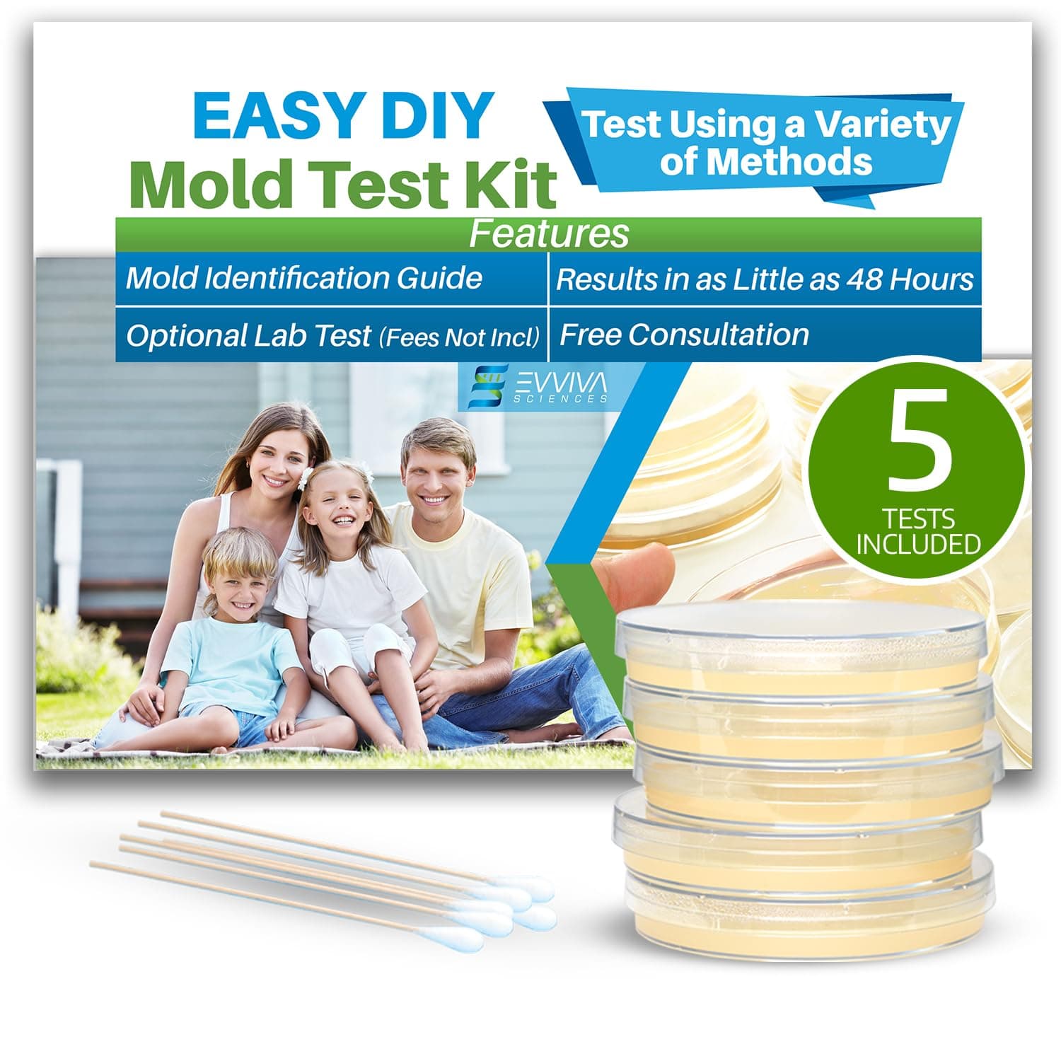 Evviva Sciences Mold Test Kit for Home - 5 Simple Detection Tests w/Optional Lab Analysis (Extra Fee), Test HVAC System, Home Surfaces, & Indoor Air Quality - Downloadable Mold Information Guide