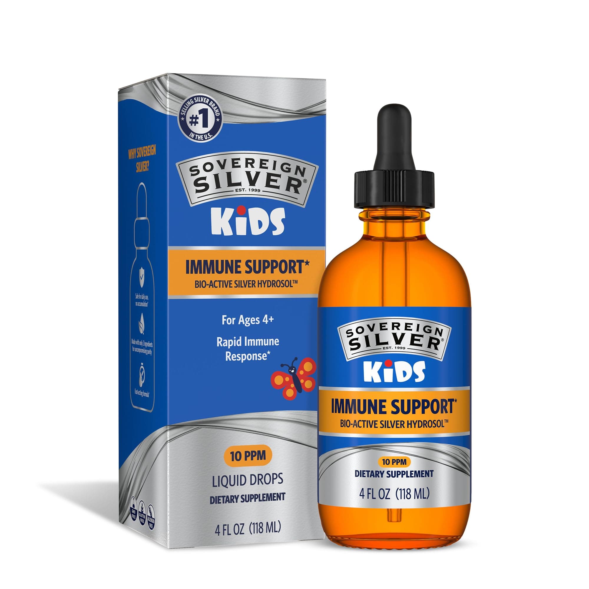 Kids Immune Support - Colloidal Silver, Bio-Active Silver Hydrosol, 10 ppm, Liquid Dropper, 4 Fl Oz, (118 mL)