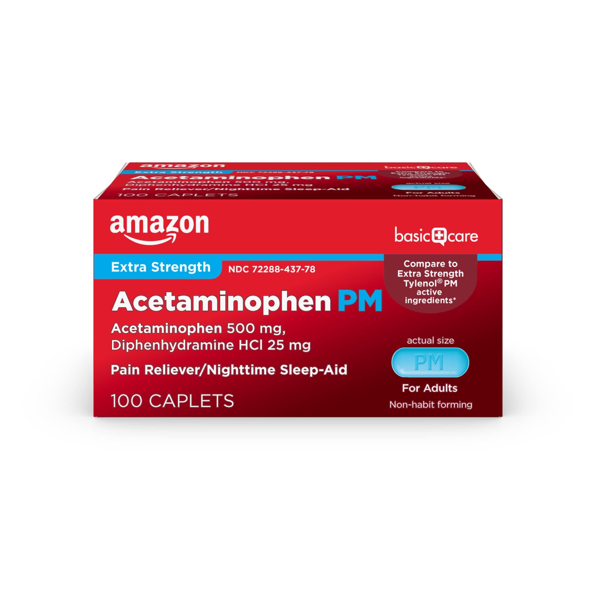 Amazon Basic Care Acetaminophen PM, Pain Reliever Plus Nighttime Sleep Aid, Blue, 100 Count